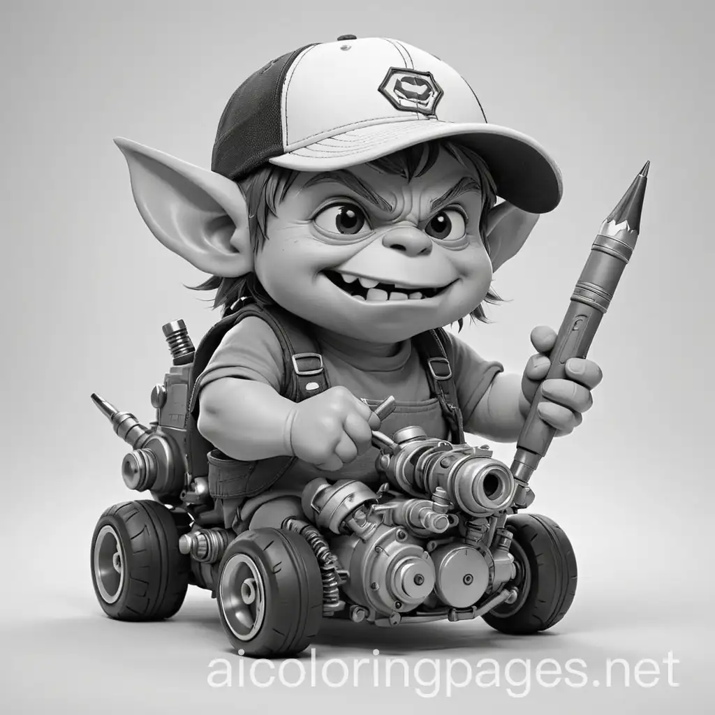 chubby goblin wearing a trucker cap and head phones holding a pencil with a tiny car engine to power it, Coloring Page, black and white, line art, white background, Simplicity, Ample White Space. The background of the coloring page is plain white to make it easy for young children to color within the lines. The outlines of all the subjects are easy to distinguish, making it simple for kids to color without too much difficulty