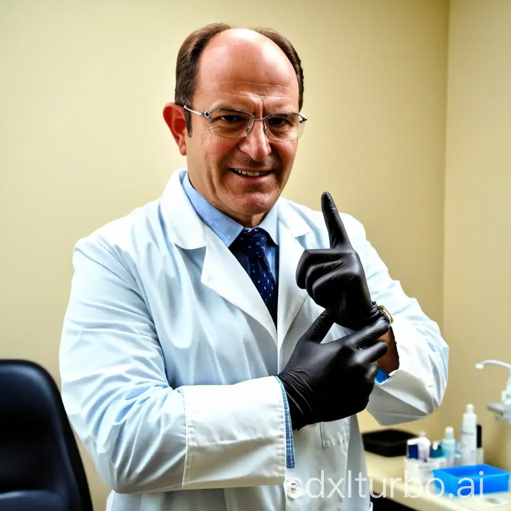 real pentax helios-44m photo of a crazy mad urologist andrologist proctologist putting on medical gloves while standing in a doctor's office, showing the gesture of sticking a finger in a ring