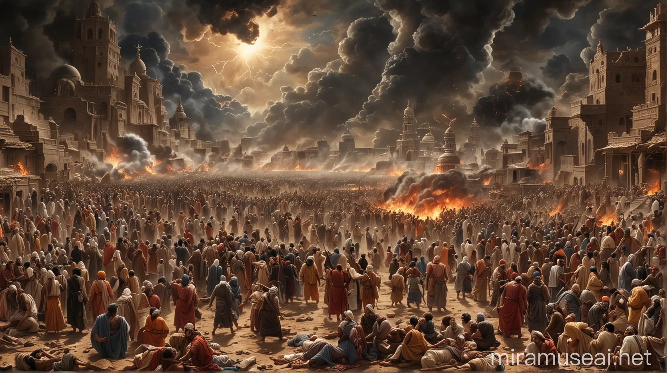 End-Time Chaos Caused by Yajuj and Majuj:

Description: A chaotic and apocalyptic scene depicting Yajuj and Majuj unleashed, causing widespread destruction. Rivers are drying up, cities are in ruins, and people are fleeing in terror, highlighting the prophesied havoc before the Day of Judgment.