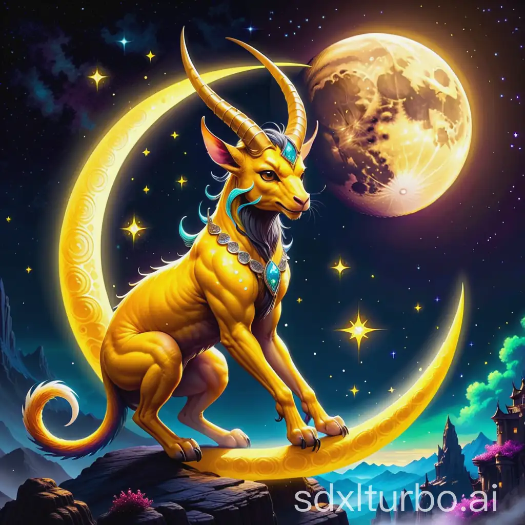 Night, stars, in the sky a yellow moon with a lunar sickle, on it sits a horned imp with a tail, bright colors, diamond painting 64MP high quality resolution 125K detailing with alcohol markers