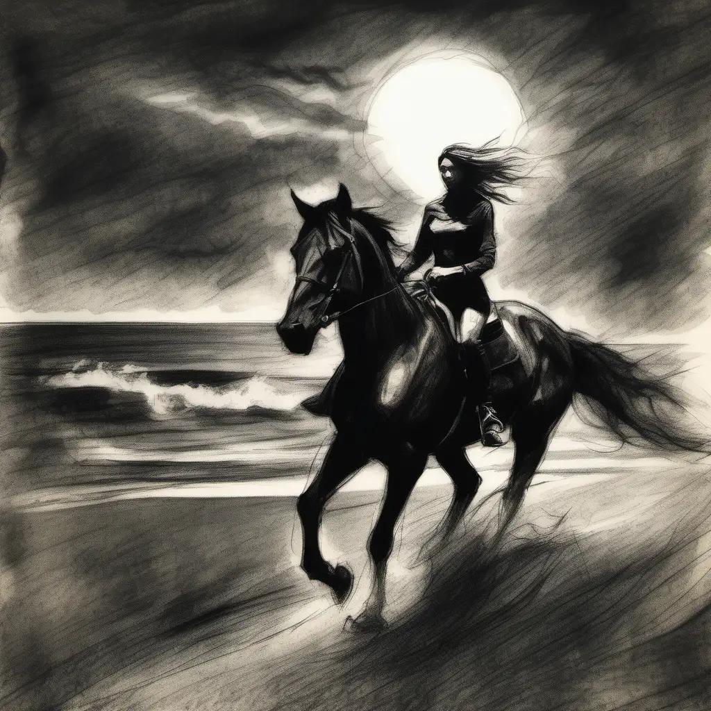 An artistic sketch of a midnight female rider on a dark horse , charcoal, expressive, loose pencil strokes , the sea and the sun in the background 