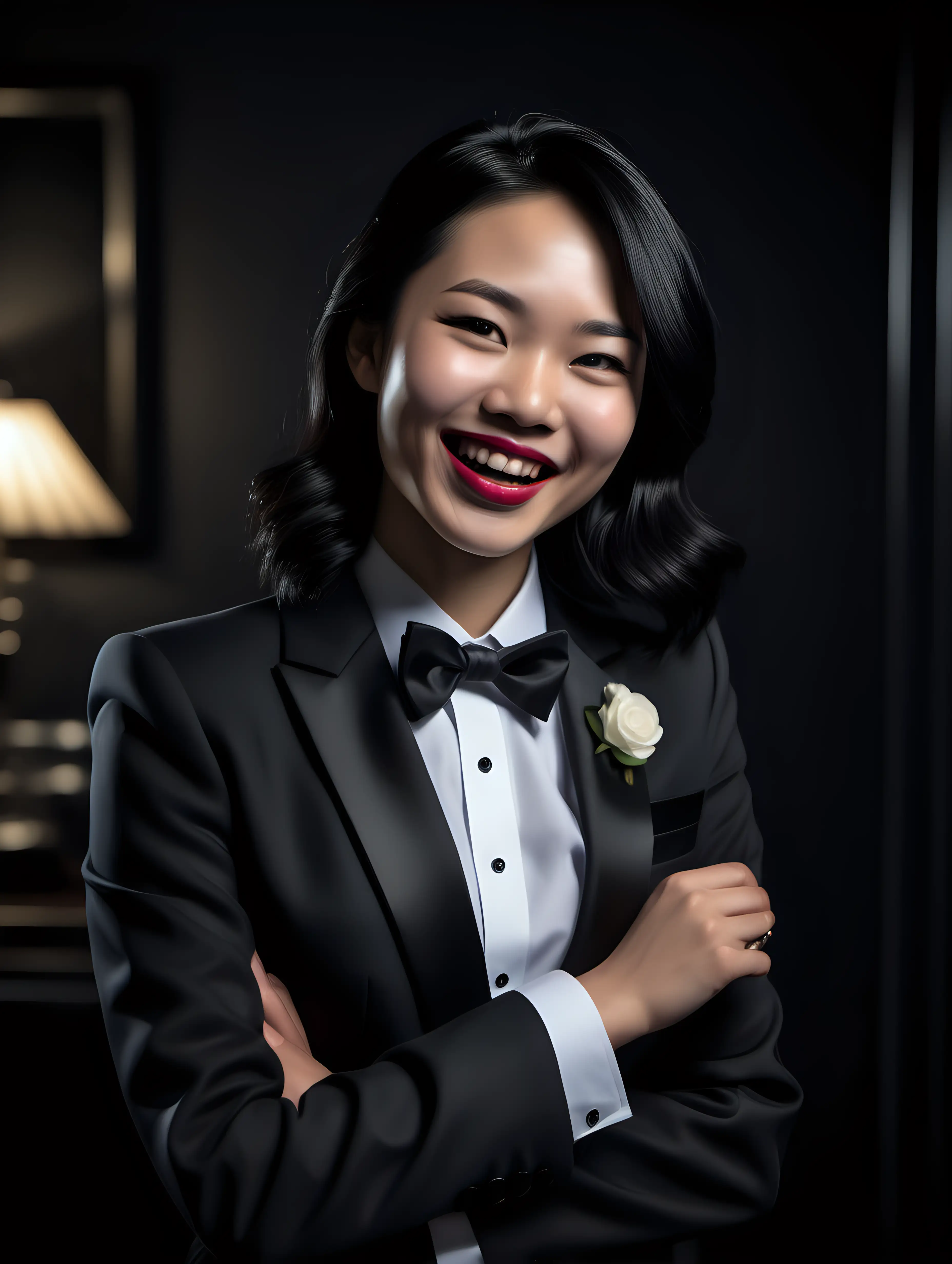 A hyperrealistic portrait of a 30 year old smiling and laughing Vietnamese woman with shoulder length black hair and lipstick wearing a tuxedo with a black bow tie. (Her shirt cuffs have cufflinks). Her jacket is white and has a corsage. She is standing in a dark room.