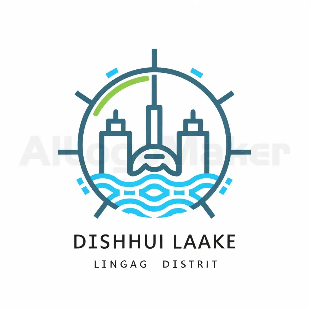 a logo design,with the text "Water droplets, lakes, circular lines", main symbol:The central body is the circular Dishui Lake in Shanghai Lingang District, surrounded by buildings of Shanghai Lingang District.,Moderate,be used in Campus services industry,clear background