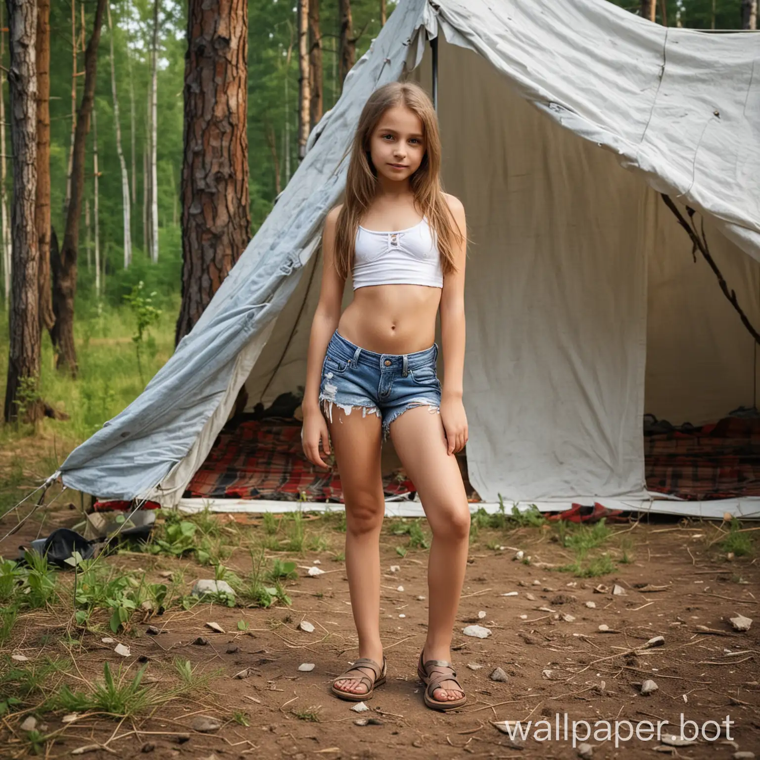 beautiful Russian girl 10-years-old wearing only tattered jean shorts and sandals near a tent, forest, people on the background, full length, dynamic poses, hiding from people, front view, dynamics
