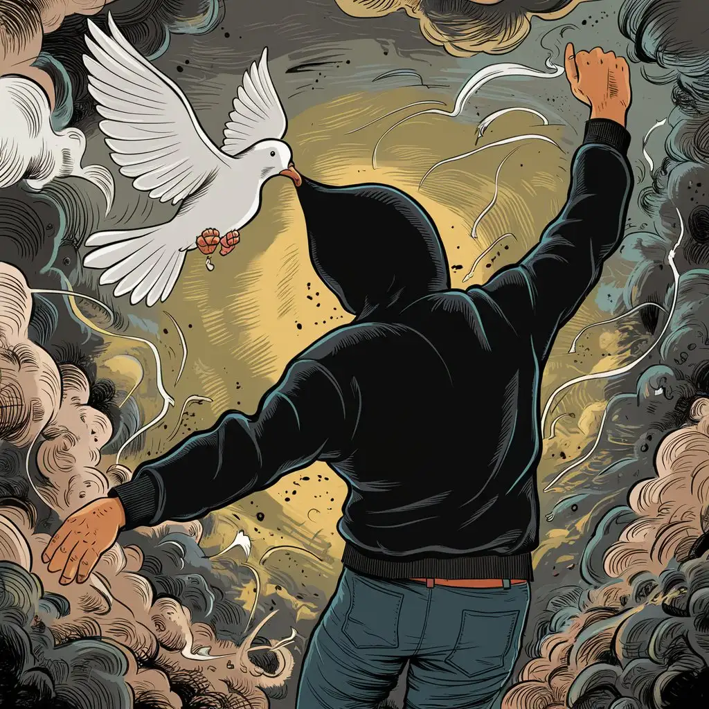 Man in Black Hoodie and White Dove Embrace Amidst Chaos