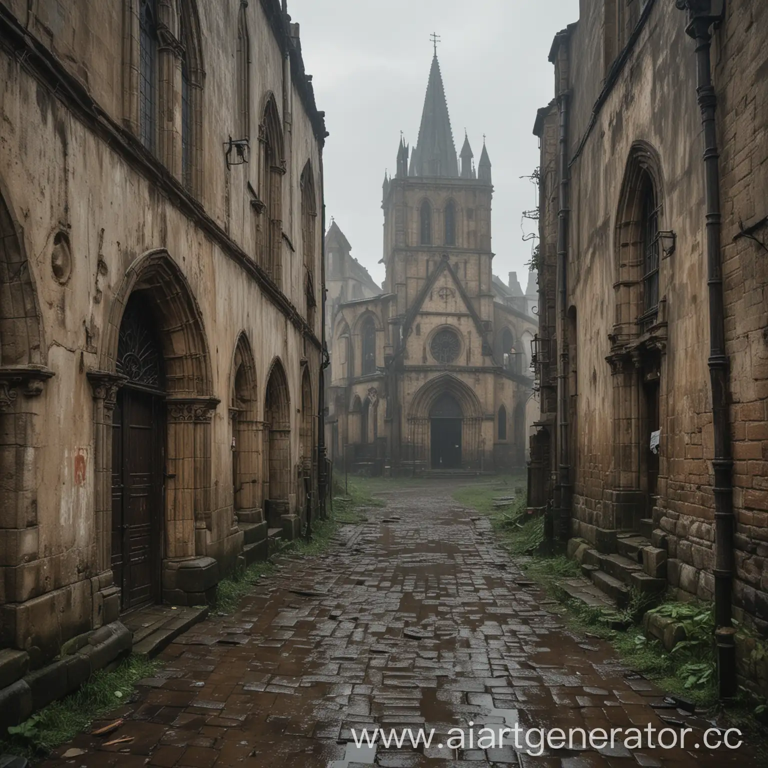 грязный обшарпоный и ветхий церковный район  средневекового города под дождем