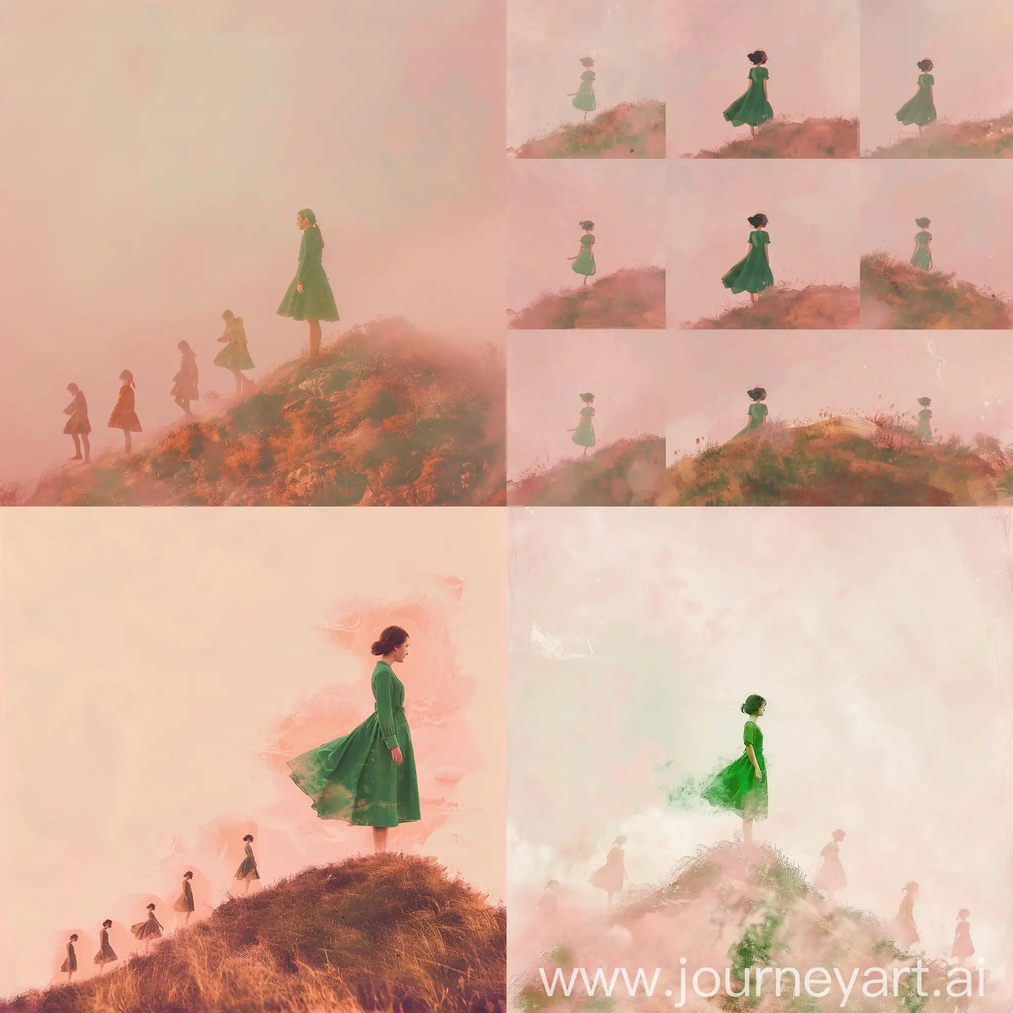 Девушка в зелёном платье стоит на вершине холма и смотрит в даль перед ней 9 этапов жизни всё в лёгкой розовой дымке