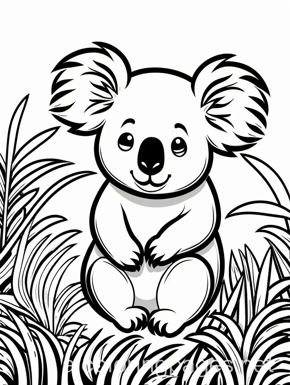 koala eating grass ,  coloring page , back and white , line art , white background , simplicity , ample white Space , backgound is plain, Coloring Page, black and white, line art, white background, Simplicity, Ample White Space. The background of the coloring page is plain white to make it easy for young children to color within the lines. The outlines of all the subjects are easy to distinguish, making it simple for kids to color without too much difficulty