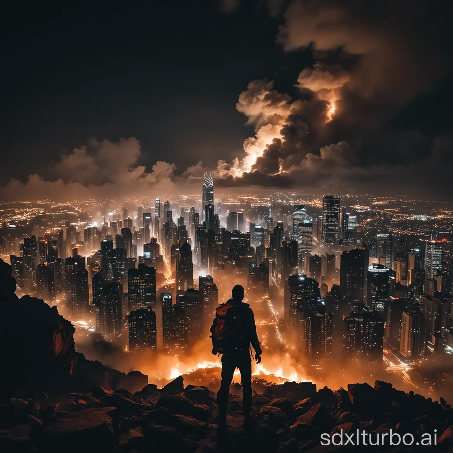 Один человек с рюкзаком в тени ночью смотрит на Огромный город с небоскрёбами до облаков который весь в огне