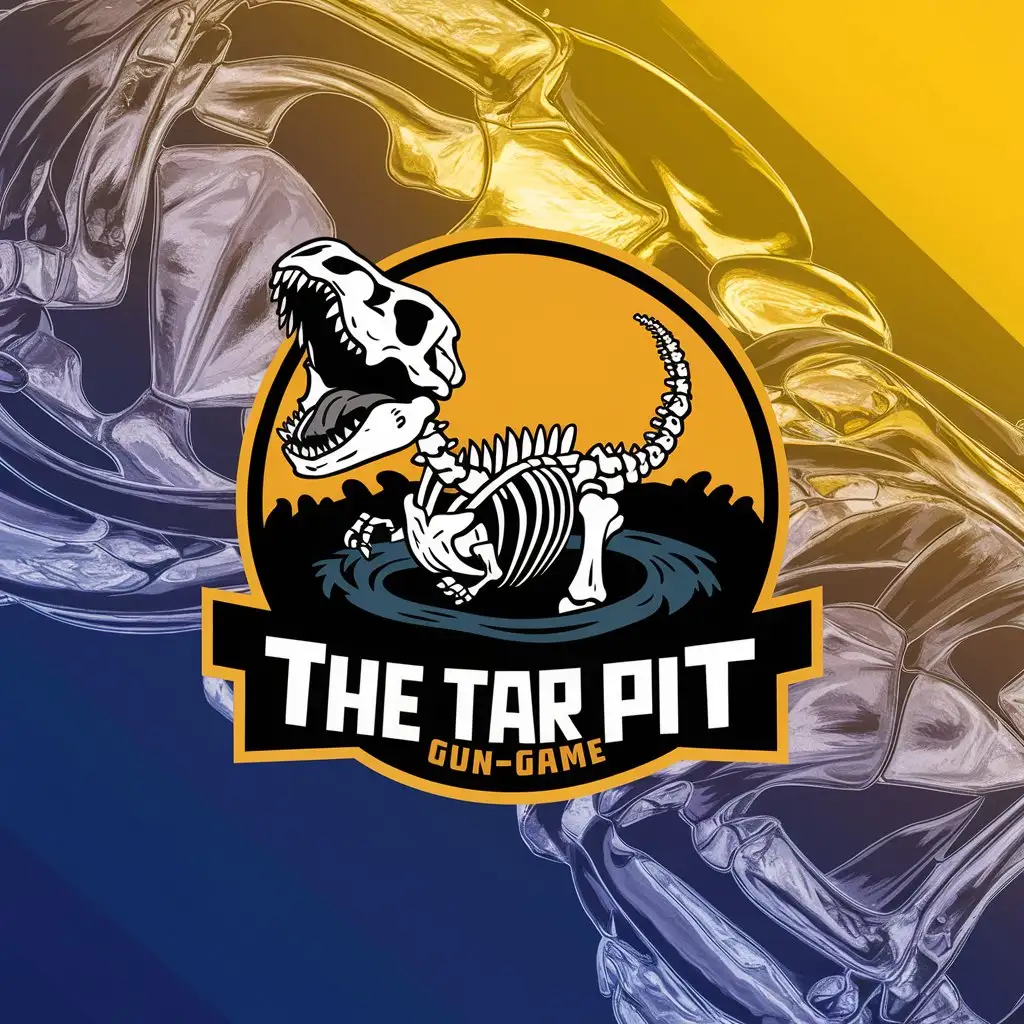 a logo design,with the text "Logo for a game named The Tar Pit Gungame", main symbol:cartoon dinosaur skeleton stuck in a tar pit,complex,clear background