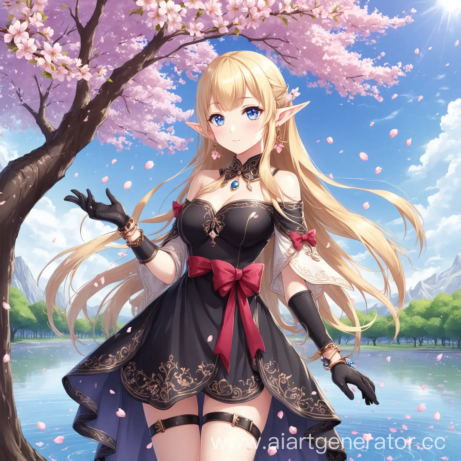 1girl, black dress, black gloves, blue eyes, bow, cowboy shot, dress, earrings, fingerless gloves, gloves, jewelry, thigh strap, bangs, blonde hair, elf, pointy ears, blue sky, blush, bow, bracelet, breasts, purple eyes, cherry blossoms, day, full body, long hair, looking at viewer, outdoors, petals, sky, solo, standing, tree, water