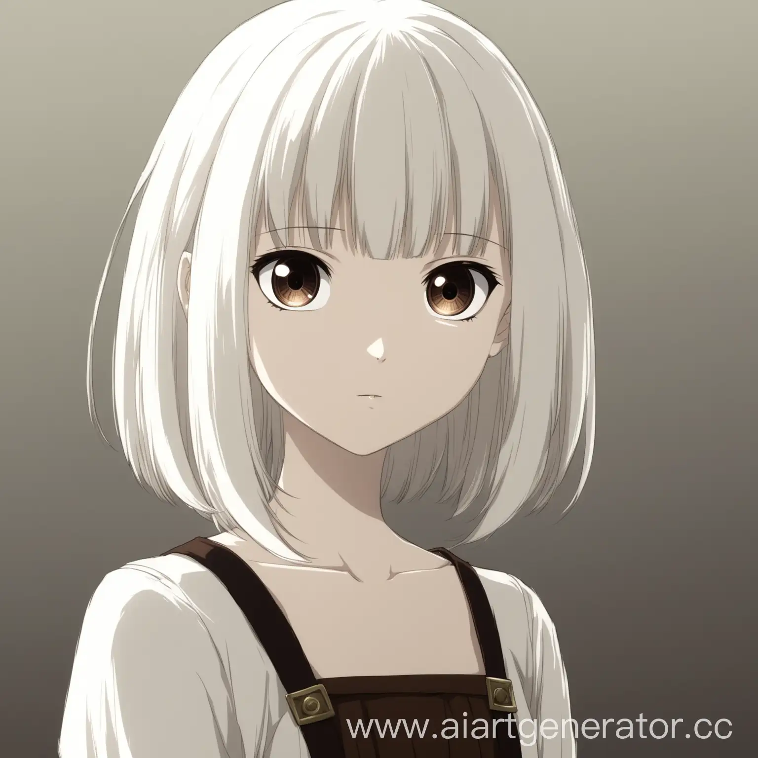 A slender young girl with shoulder-length white hair and short bangs. Large brown eyes. Anime style