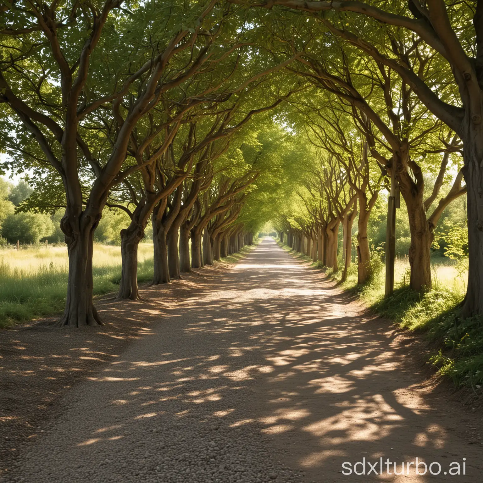 A gravel path, slightly curved, with trees on both sides, their branches form a tunnel, at the end of which the sun shines.