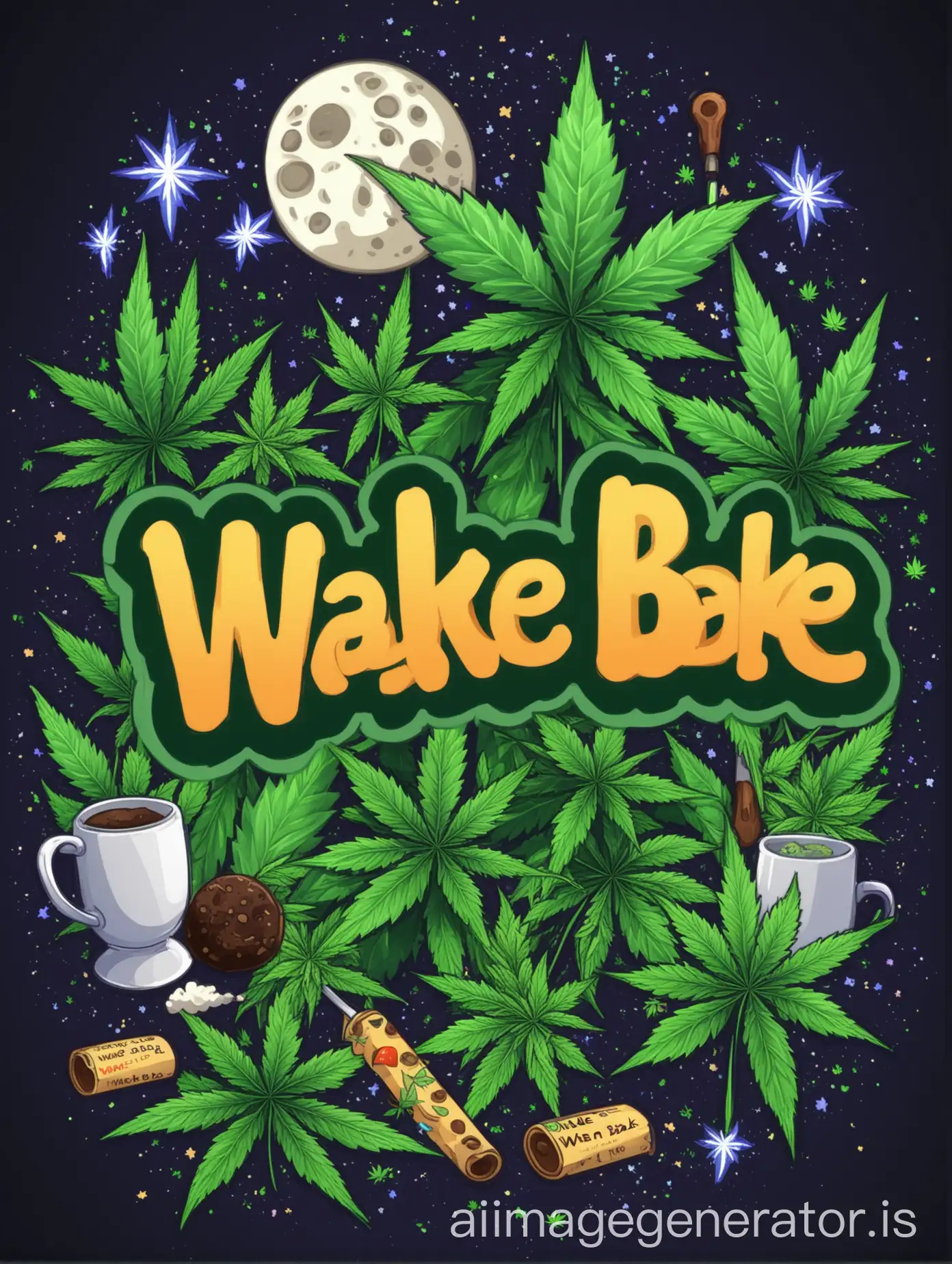 can you generate server invite background for discord and make it  space and weed themed with text that says 'Wake N' Bake'