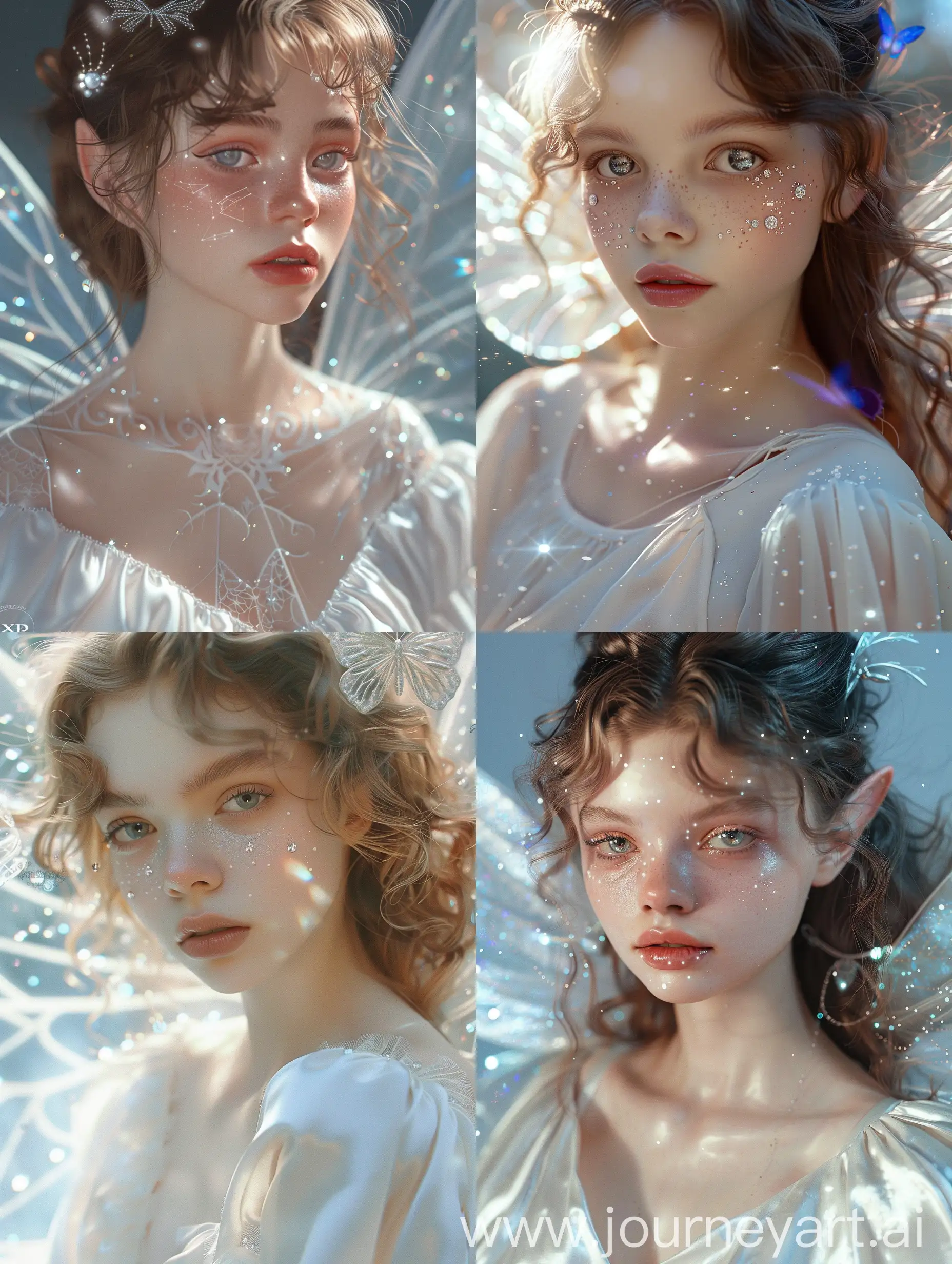 cinematic still, close-up, photo of a fantastic, highly detailed representation of a beautiful 22-year-old girl with an ethereal quality. Fantastic Magic butterflies, a white silk nightgown, full body,  beautiful body, delicate curvy features, is a fairy with silky, striking hair and fair skin embellished with delicate magical details that resemble constellations or enchanted worlds. Their eyes are large and expressive, conveying a sense of curiosity or introspection. Notably, she has beautiful fairy wings including sparkling diamonds. The delicate textures of her clothes and accessories, along with her serene expression, give her a look of innocence that appears both serene and complex, aw0k magnstylesony fe 12-24mm f/2.8 gm, close up, 32k uhd, incredible quality , wallpaper, analog film grain, color APEX, more detail XL,Fairy, cinematic moviemaker style
