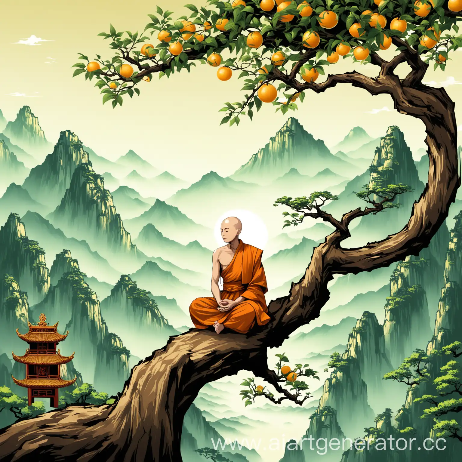 Monk is a fruit on a tree branch in the foreground to which a hand is reaching in the background are Chinese mountains and a monk who is meditating vector design