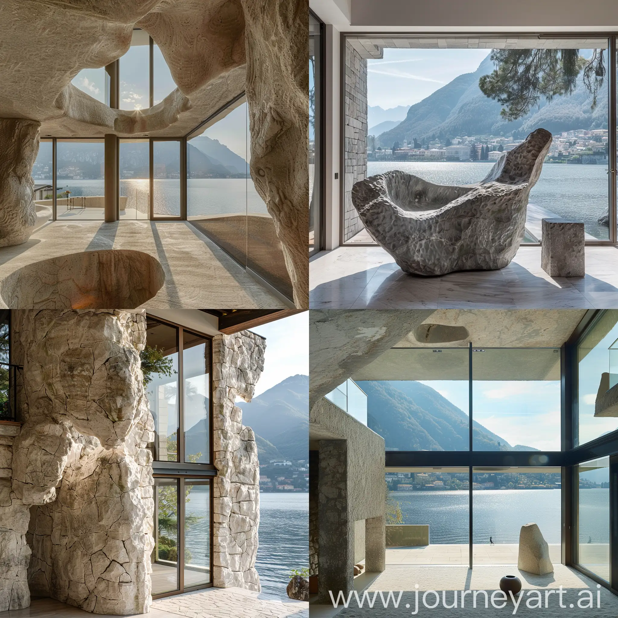 sculpture architecture , villa with stone material like born from mountain, wide window, on the water lake , daylight
