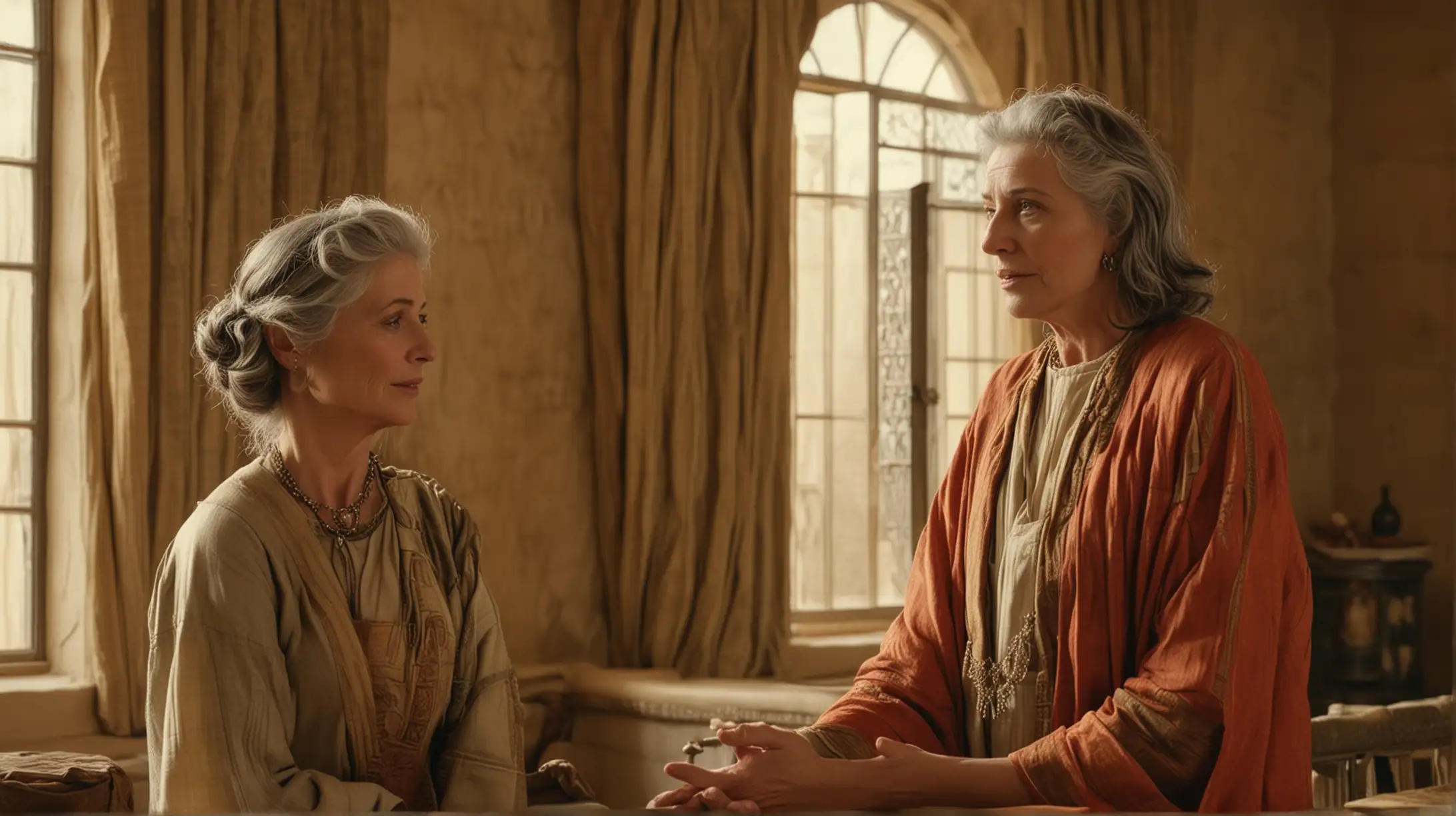 an attractive middle aged grey haired woman speaks to a 50 year handsome man in a desert Palace room near a window. Set during the biblical era of King David.