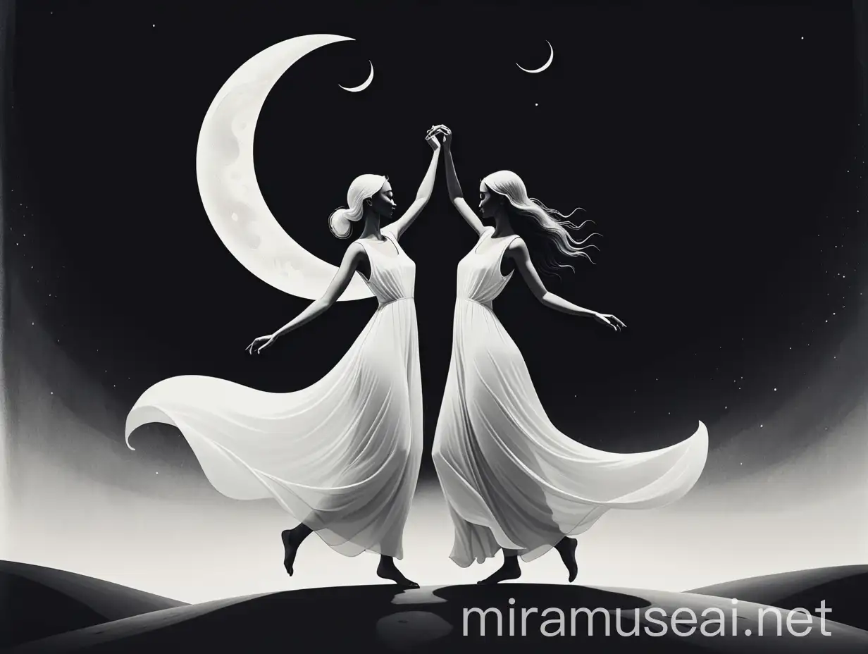 illustration of two women dancing under the crescent moon holding hands, symbol of duality, wearing long white dresses, black and white, minimal, symbolistic, ethereal