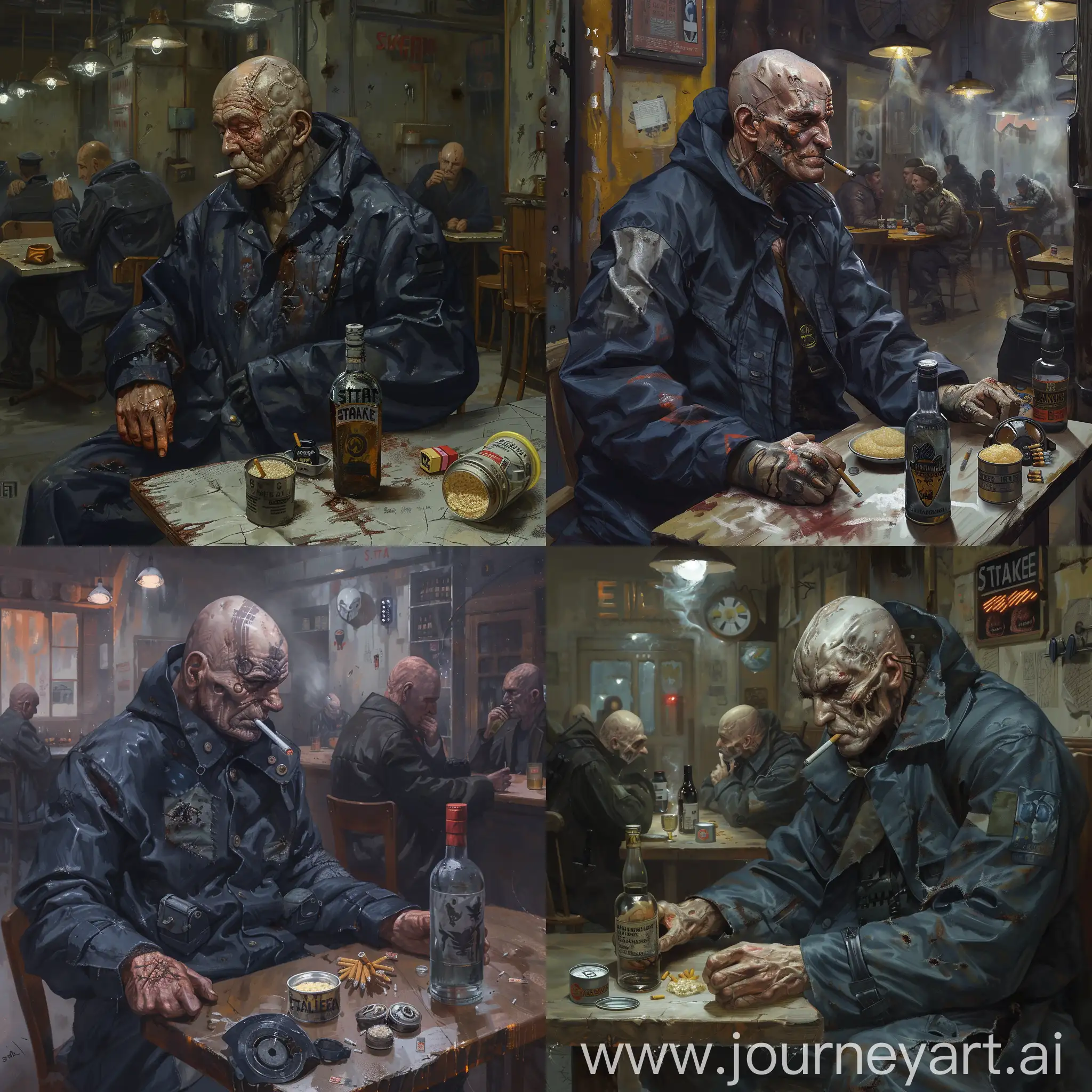 A mercenary from the universe of S.T.A.L.K.E.R, a mercenary dressed in a dark blue military raincoat, a gray military discharge on his body, a bald, mature man of 30 years, many scars on his face, a mercenary sitting in a small old Soviet bar at a separate table, a bottle of vodka in his hand, a cigarette in his mouth, on the table where the mercenary is sitting is laid out: one gas mask, one pack of cigarettes, and one open can of porridge, the bar is dimly lit, you can see several other stalkers at other tables talking to each other.