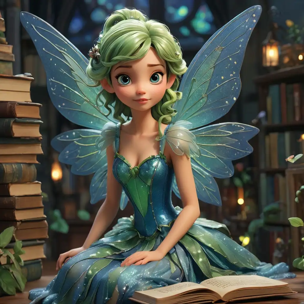 Enchanting 3D Disney Style Fairy with Sparkly Blue and Green Dress and Miniature Books