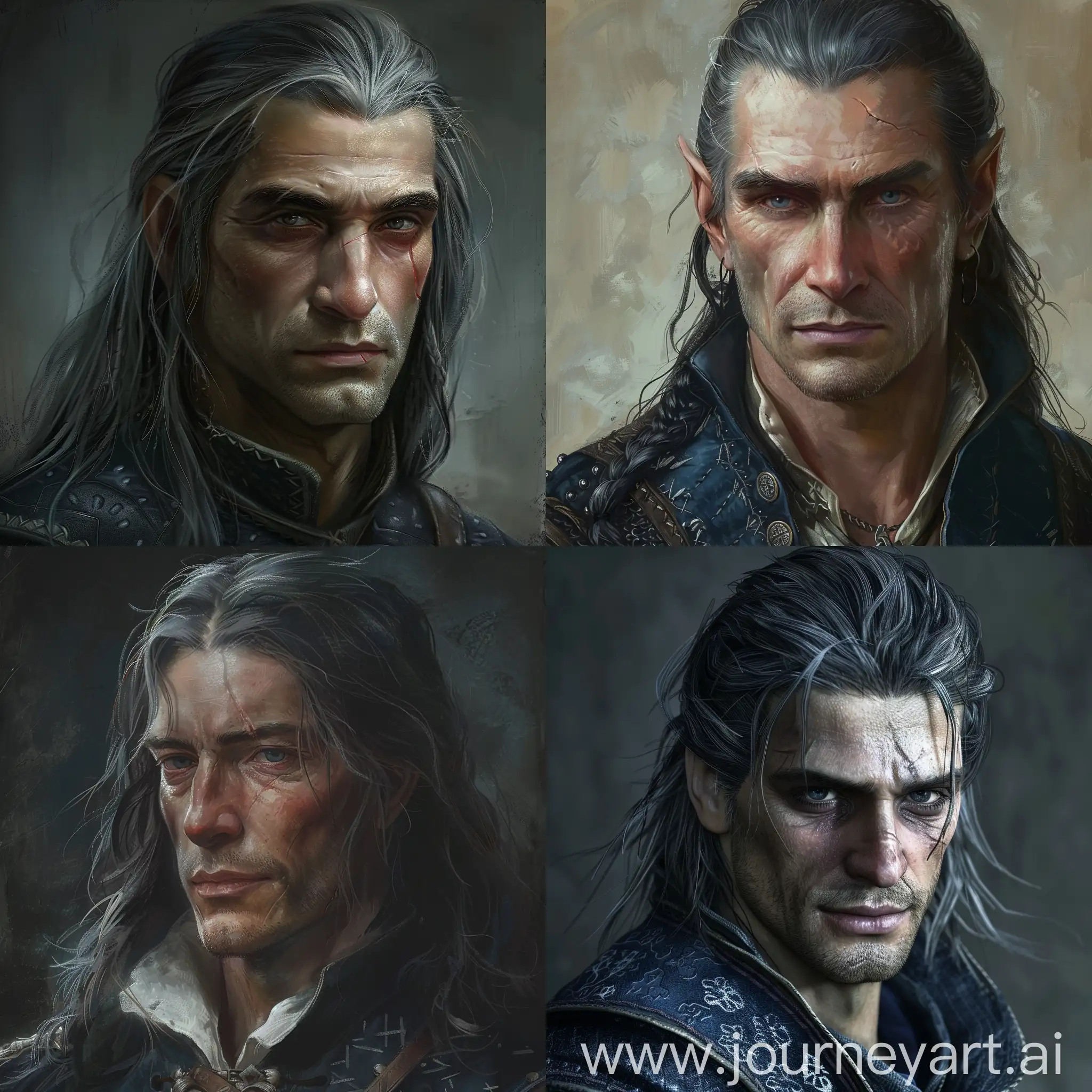 A 35-year-old man with small wrinkles and dark circles under his eyes. He has a thin, elegant face, pale skin and an aquiline nose with a hook. He has long dark gray hair. The lips are thin and pale. A few strands, along with bangs, are gathered in a ponytail, the rest are on his shoulders. He has a gray streak on his left side. The right eye is dark blue, almost black, the left eye is pale blue, almost blind. A shallow scar crosses the left eye through the eyebrow and cheek. He is dressed in a medieval dark blue outfit trimmed with silver. He wears white gloves on his hands.