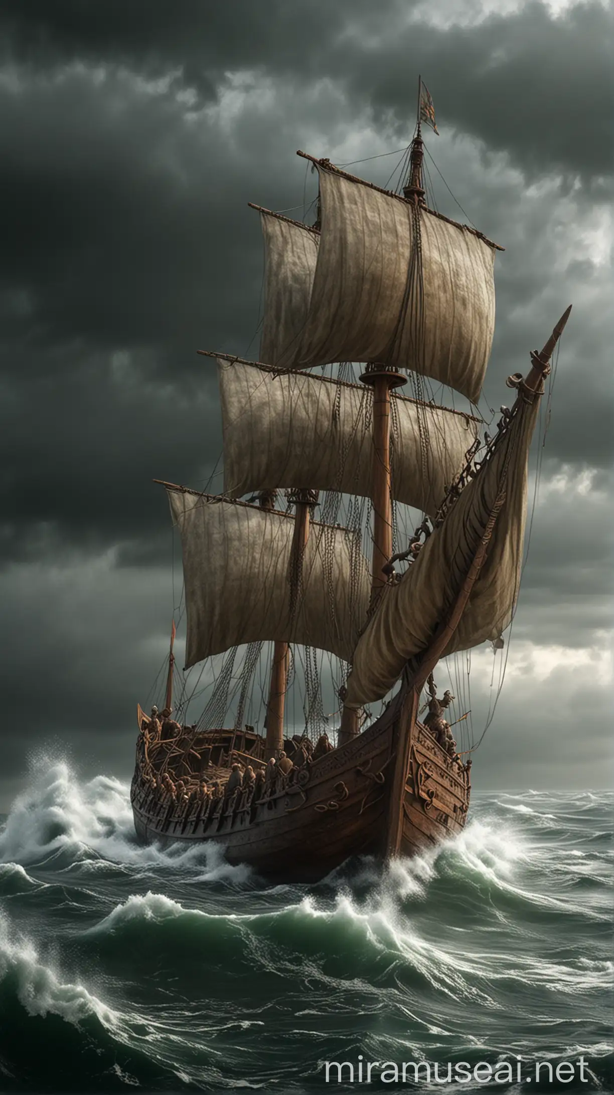 Viking longships sailing across stormy seas, their sails billowing in the wind as they approach the shores of England. hyper realistic