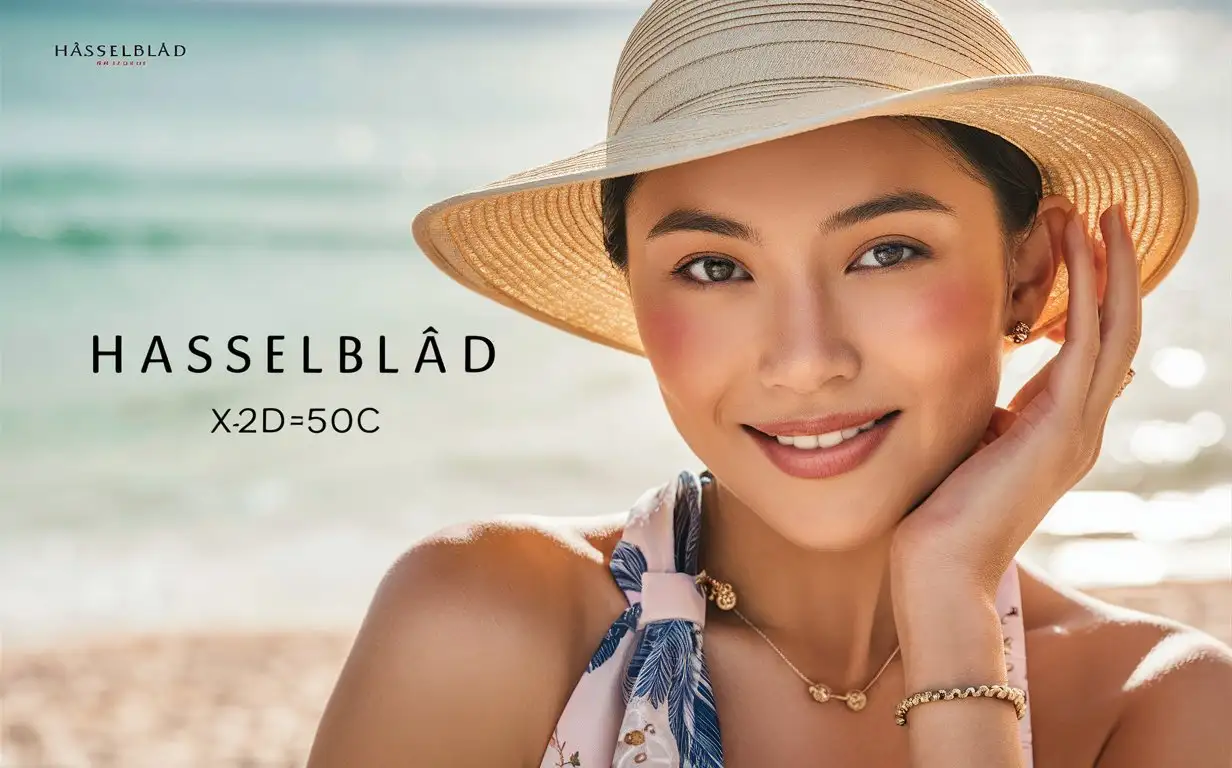 Portrait of a Vietnam girl, 30 years old, with makeup, in a hat, wearing a summer outfit, with light red powder blusher, in a close-up shot, with sunlight, outdoors, in soft light, against a beach background, looking at the camera, with high resolution photography, in the style of Hasselblad X2D50c 