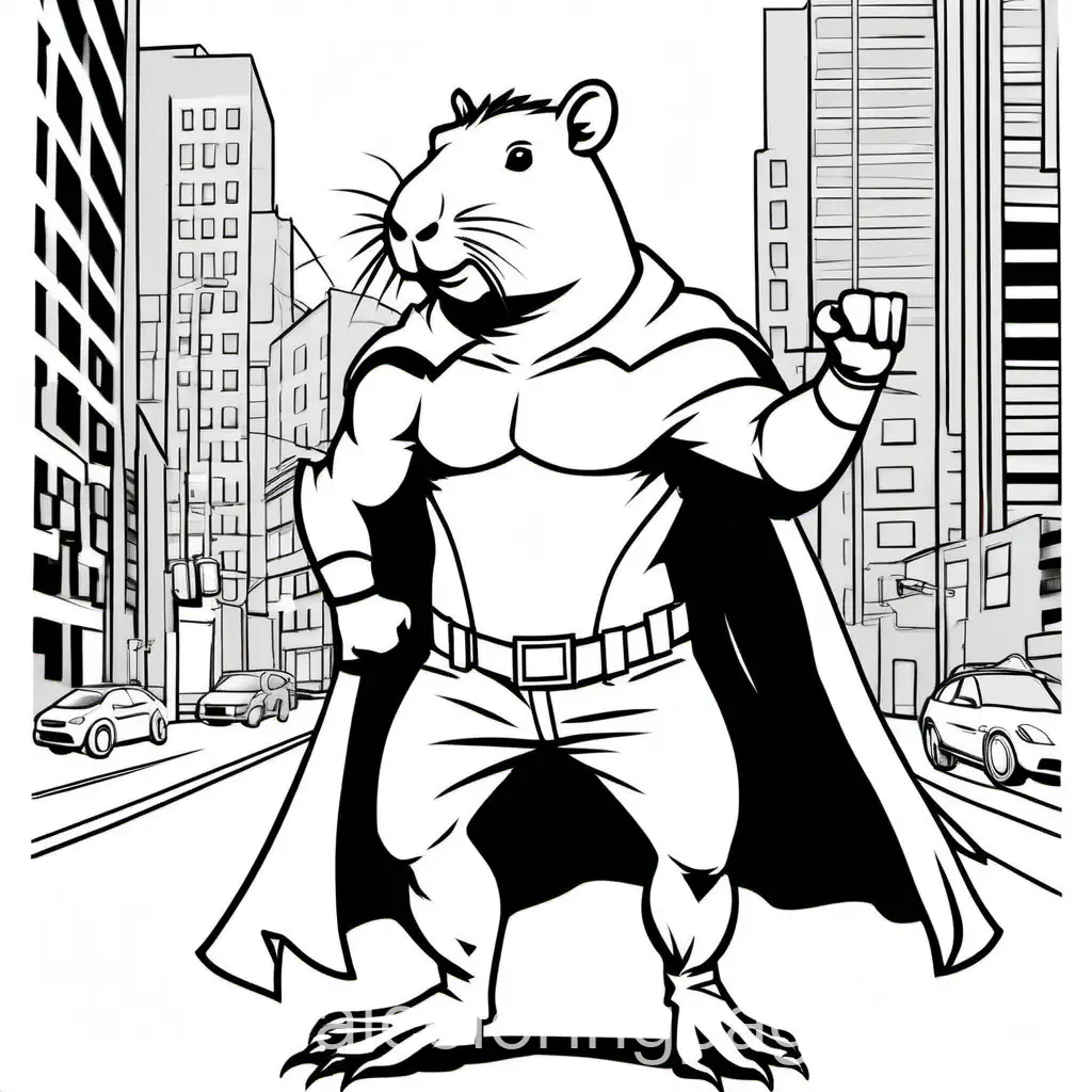Capybara superhero with a c on its chest directing traffic, Coloring Page, black and white, line art, white background, Simplicity, Ample White Space. The background of the coloring page is plain white to make it easy for young children to color within the lines. The outlines of all the subjects are easy to distinguish, making it simple for kids to color without too much difficulty