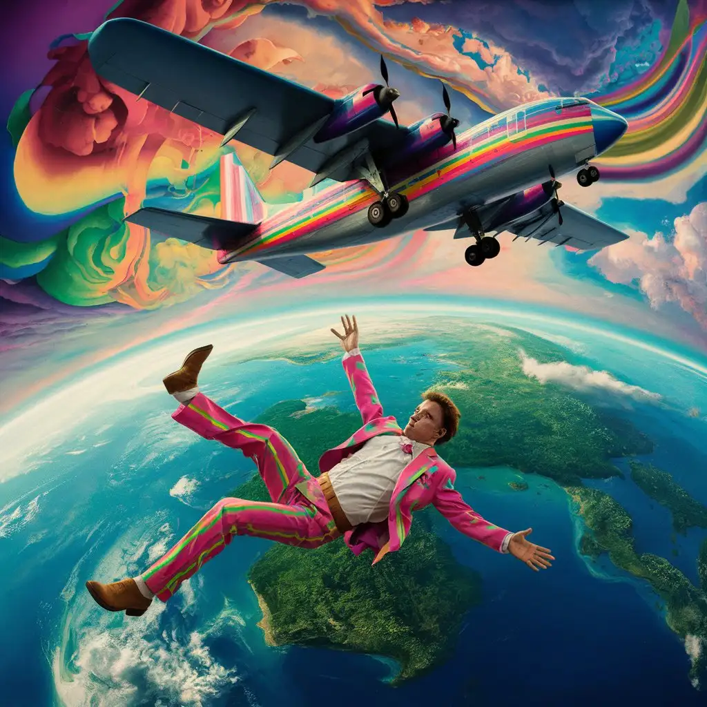 looking down from the sky toward the earth we see from the view of a psychedelic airplane a guy falling out 
