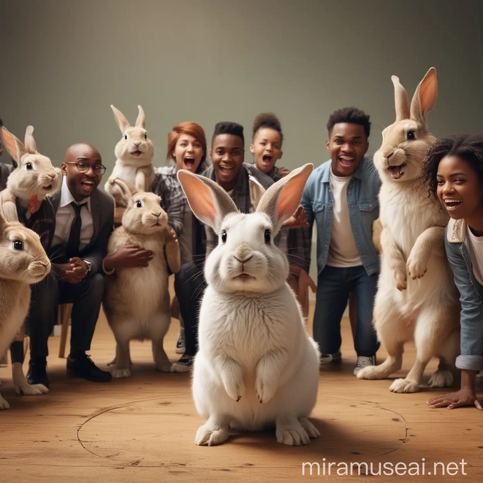 a rabbit looking sad in a circle with a group of black people behind it pointing and laughing with bad intentions 