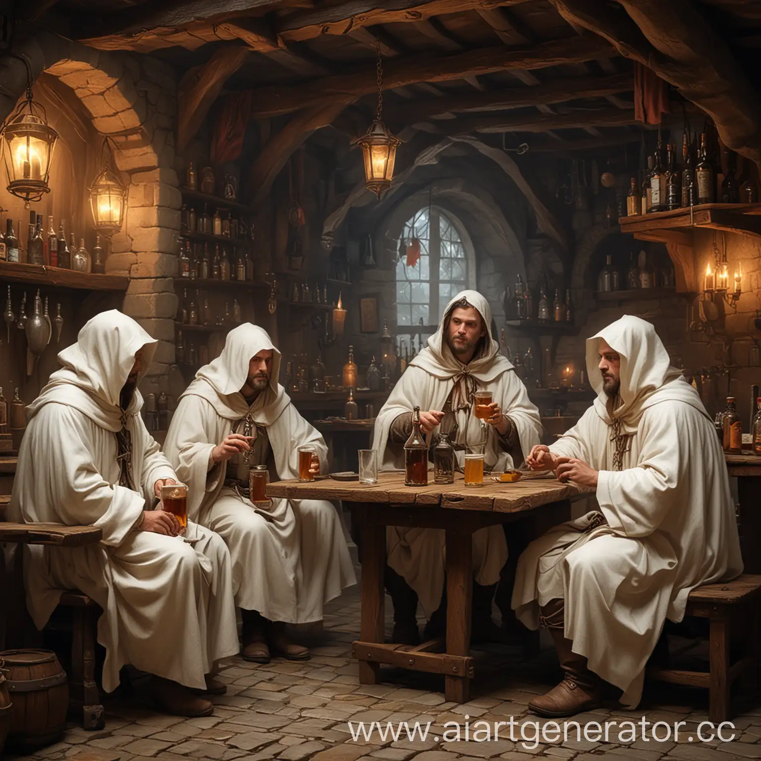 Three-Adventurers-in-White-Cloaks-at-a-Bustling-Tavern