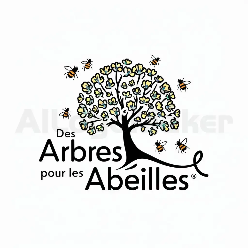 a logo design,with the text "des arbres pour les abeilles", main symbol:arbre en fleur . abeilles,Moderate,be used in nature industry,clear background