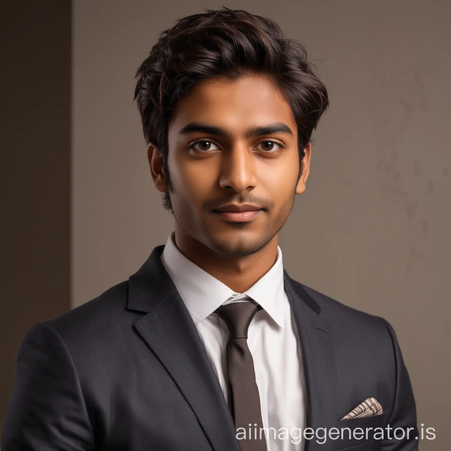 A 25-year-old Indian man with Brown skin with some extra hairs and a medium build, posing for a LinkedIn picture in formal.