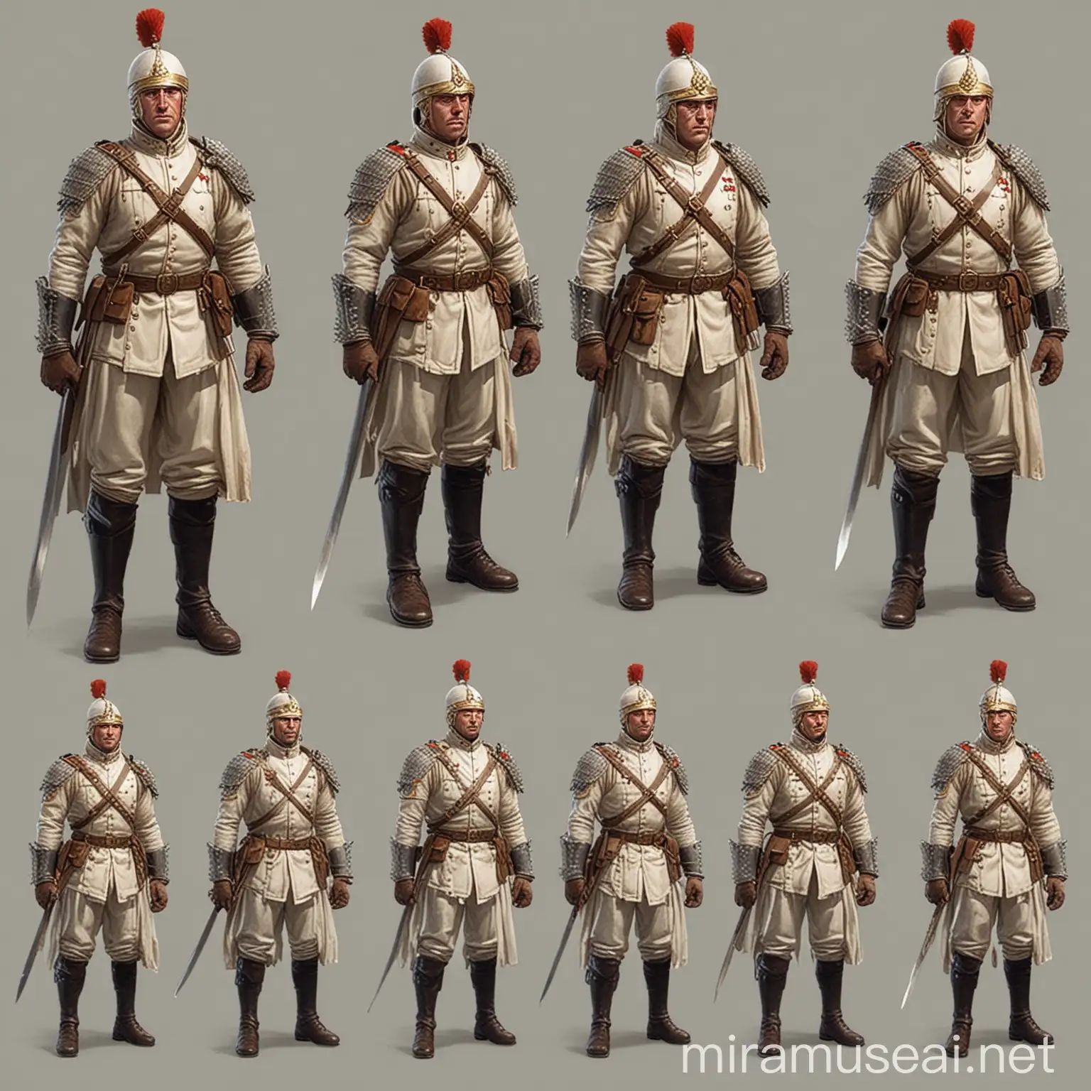 2d game character of british army like the educated army with swords and archers and spear men and horse riders but seperately  and change the dressing of the characters like the white dressed england army 

