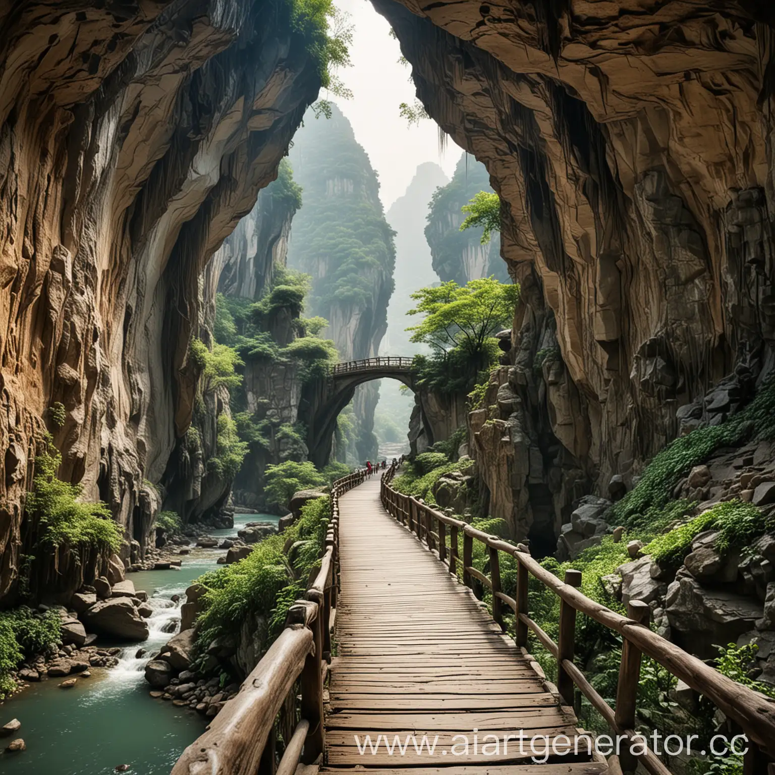 Scenic-Path-in-China-Cave-Waterfall-and-Gorge-Bridge