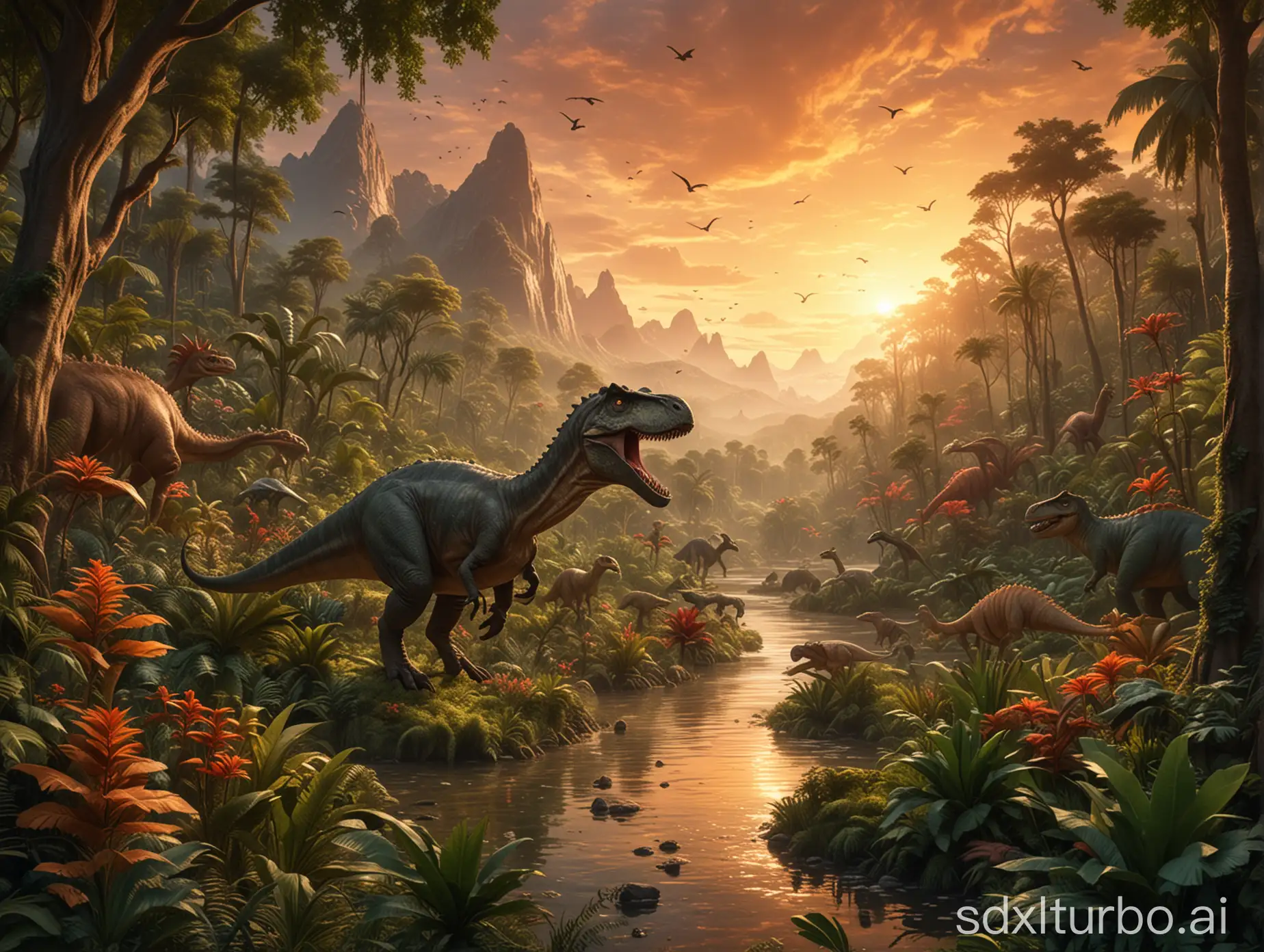 A captivating, cinematic scene of a lush, vibrant forest where dinosaurs, humans, and animals coexist peacefully, with no humans in sight. The dinosaurs display intricate details that showcase their natural splendor, and the background features a breathtaking sunset with a golden sky radiating warmth and serenity. The foreground is filled with lush greenery, a winding river, and a diverse range of flora and fauna. The composition exudes harmony, magic, and awe, providing a visually stunning and immersive experience. This masterpiece skillfully blends illustration, photography, and 3D rendering, featuring a poster-like design and a 16:9 aspect ratio, resulting in a visually engaging and dynamic display., cinematic, 3d render, typography, photo, illustration, poster
