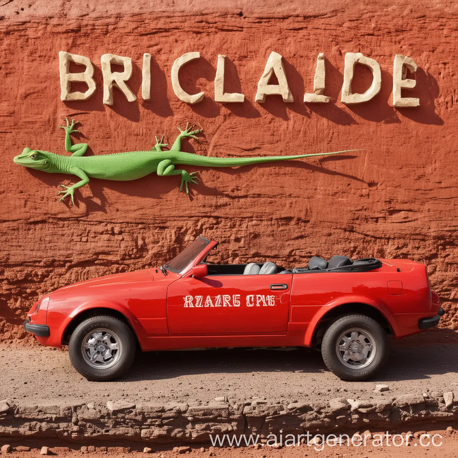 Vibrant-Red-Car-with-a-Playful-Lizard-and-RIDGE-Inscription