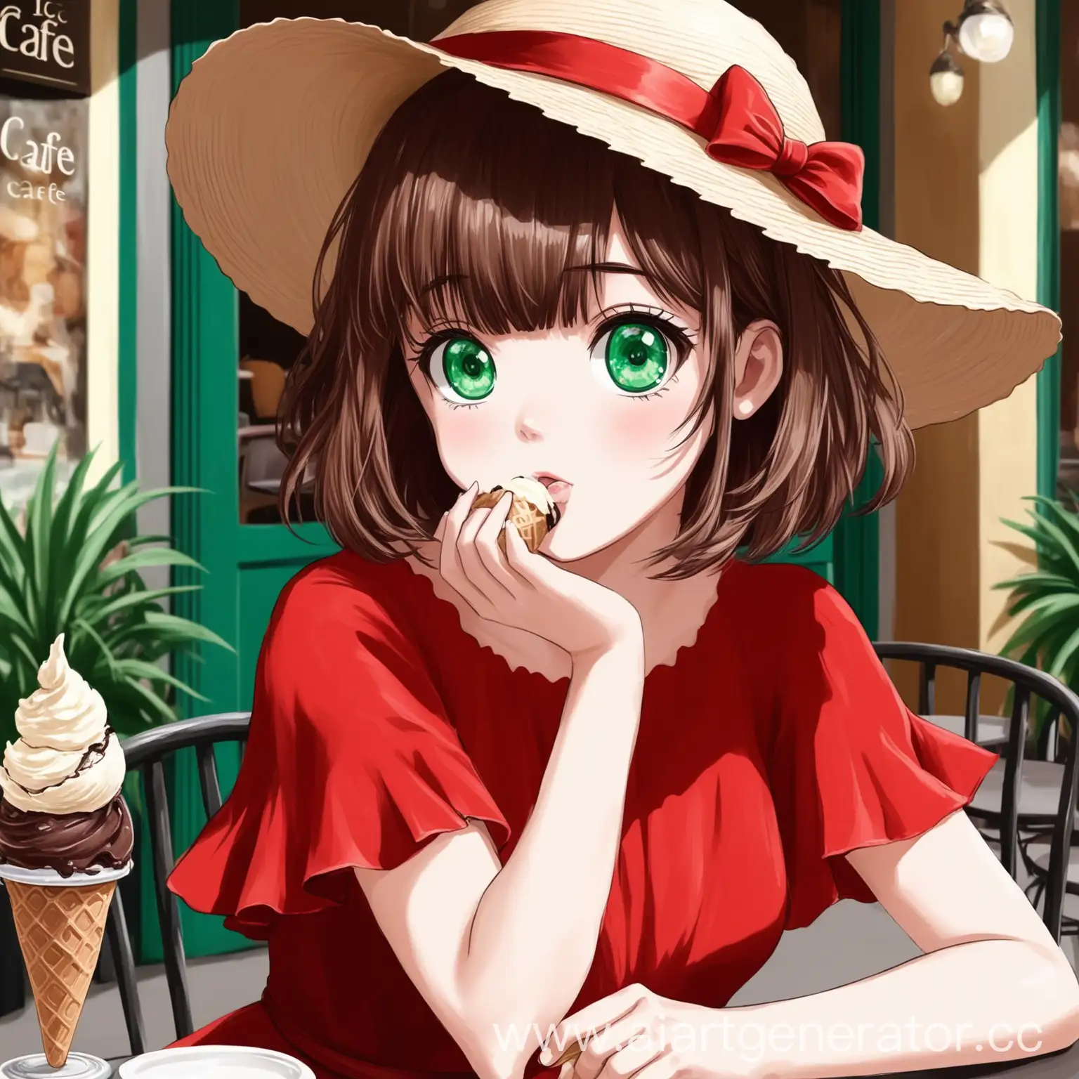 Aria Roscente en el vestido rojo con sombrero en el verano en un café come un helado con el pelo corto castaño y con flequillo y con los ojos verdes