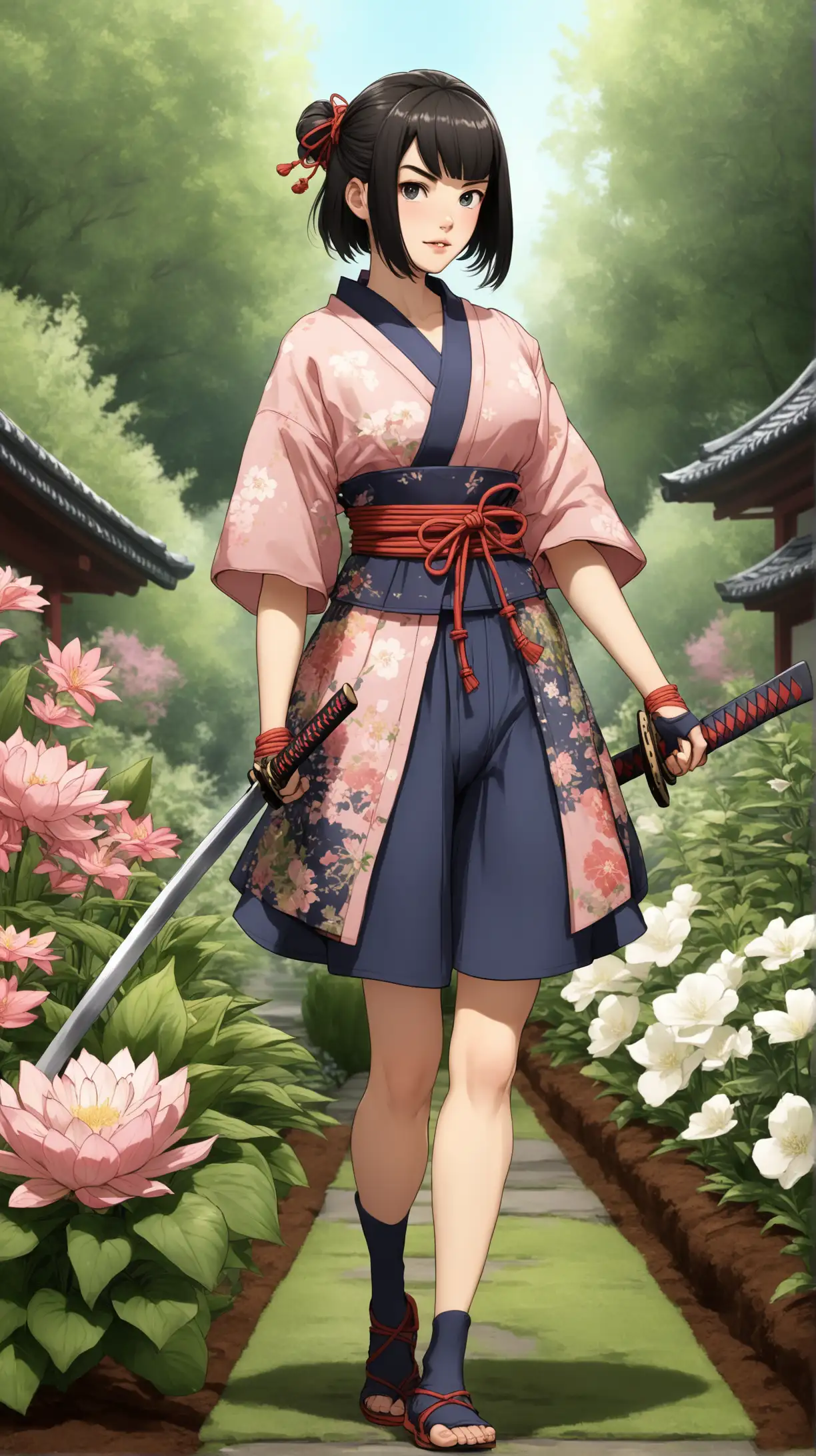 feminine short gardening outfit with samurai influences