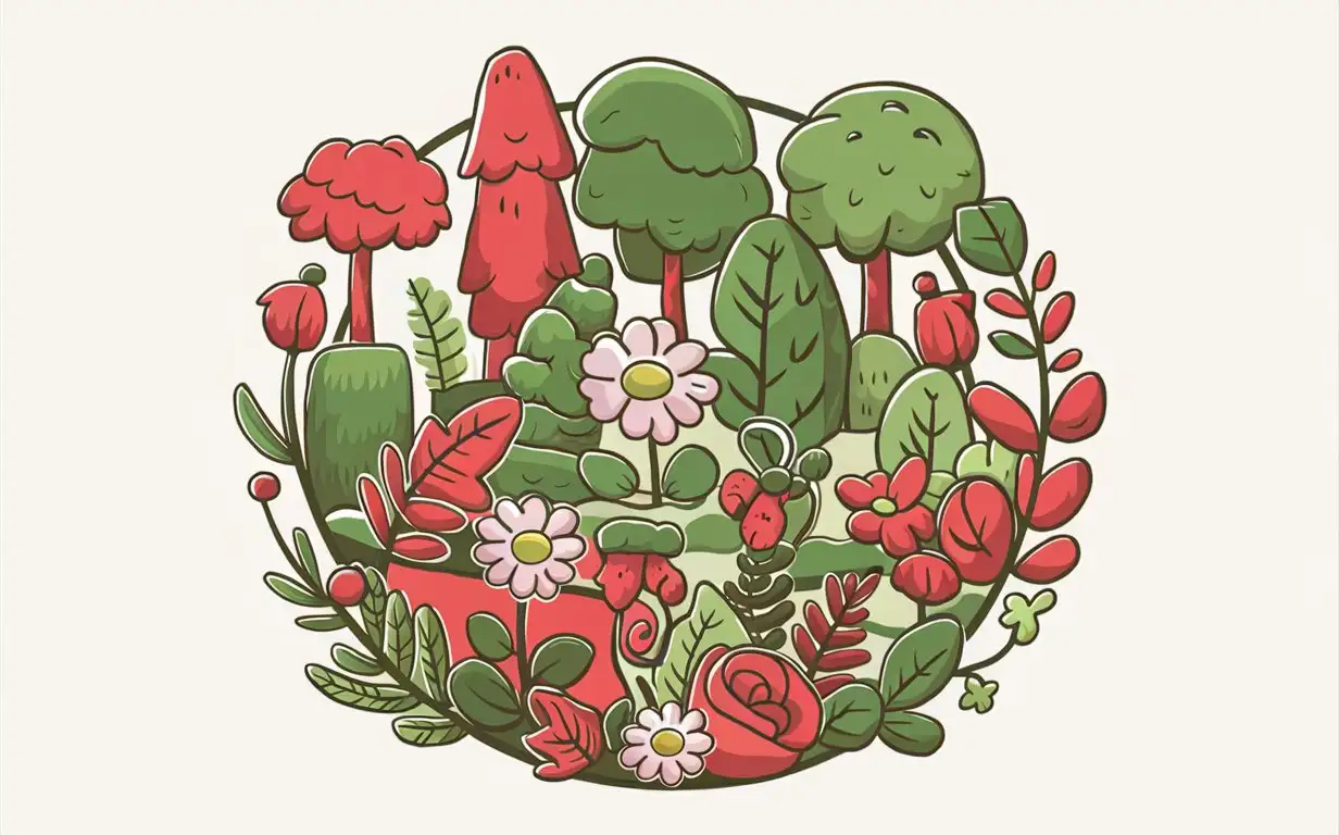 Vector Graphic of Cute Red and Green Plants with Flowers and Petals