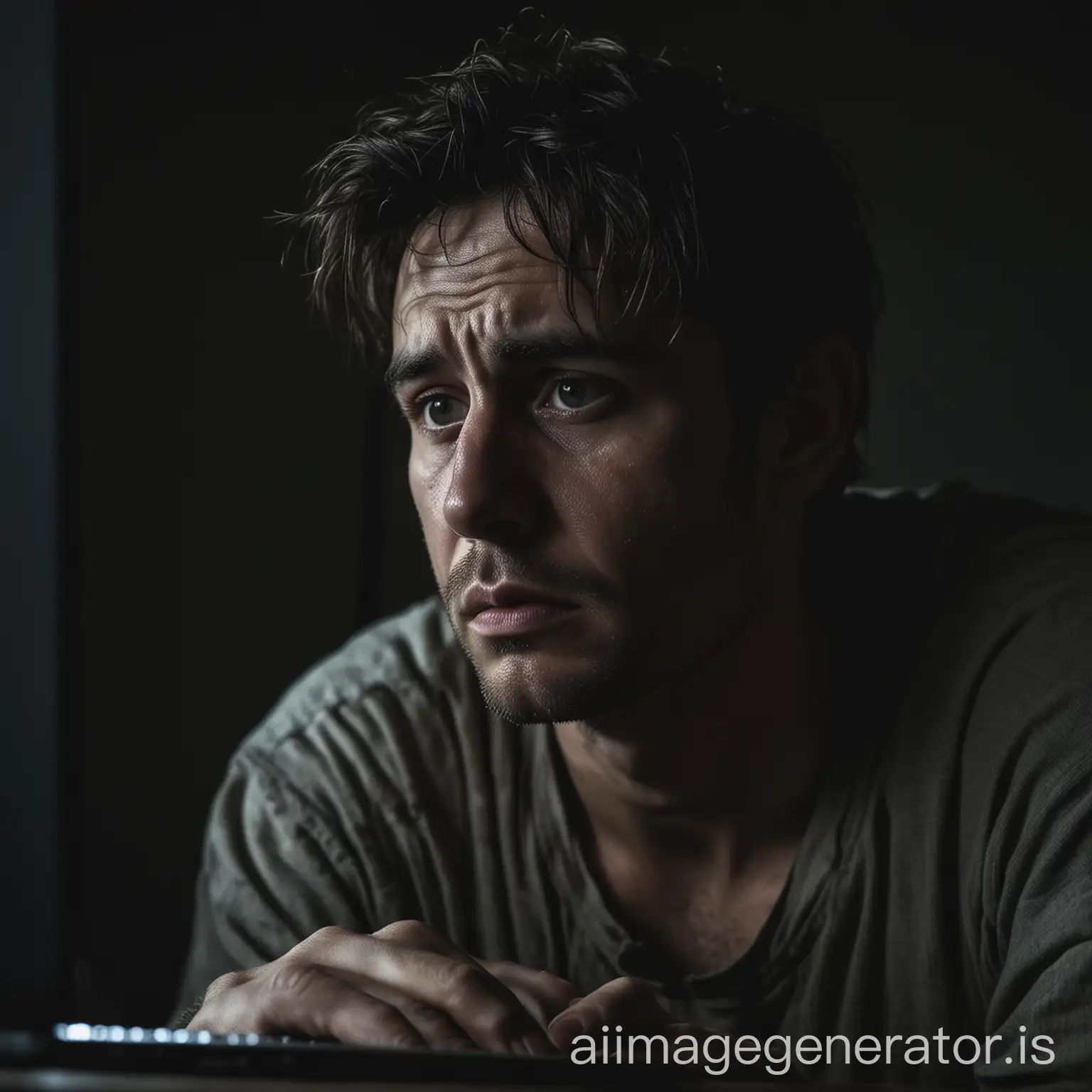 A poor man without money sitting in front of a computer screen. The room is dark. The screen illuminates the face of the man. The man looks sad, desperate and lonely. The picture shows his face up close.
