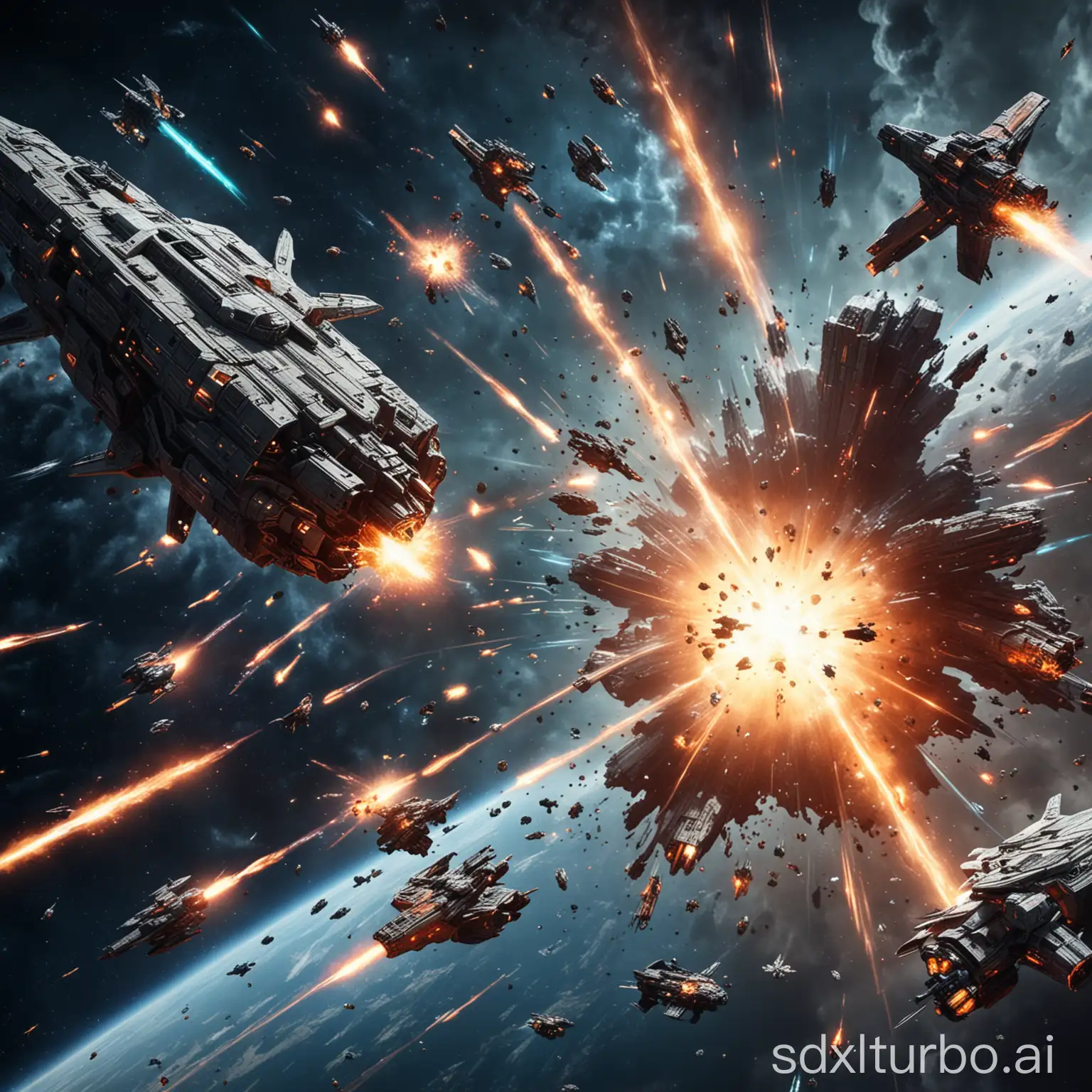 space battle, lots of space ships, explosions and lasers