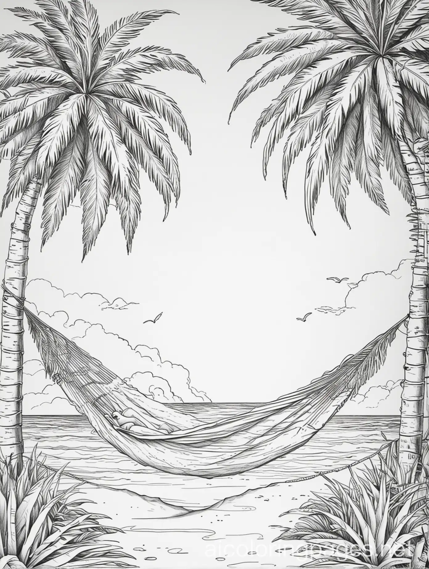 Beach Hammock Coloring Page Simple Line Drawing for Kids | AI Coloring ...