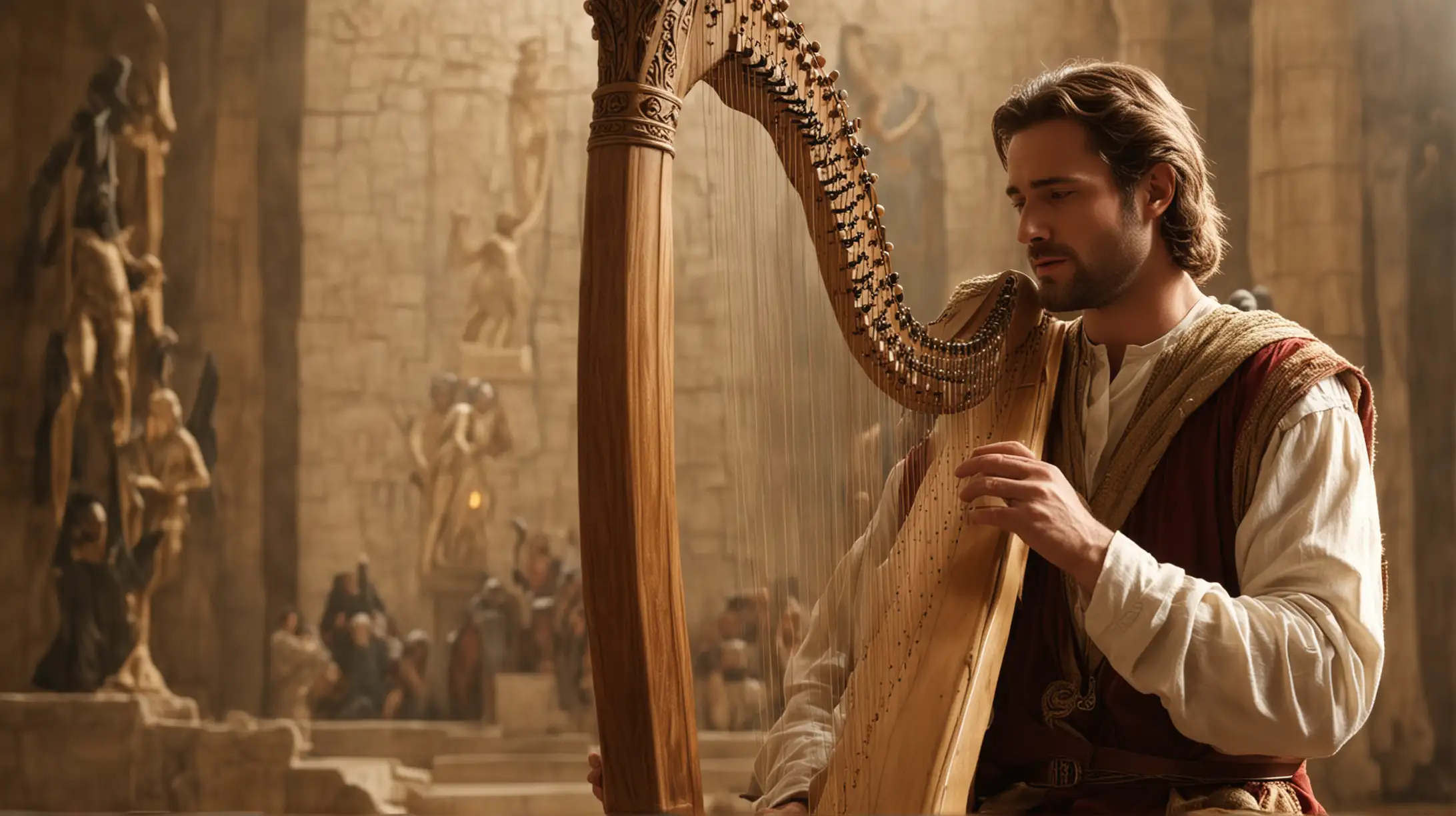 A handsome man playing a harp in front of the king Saul. Set during the biblical era of King David.