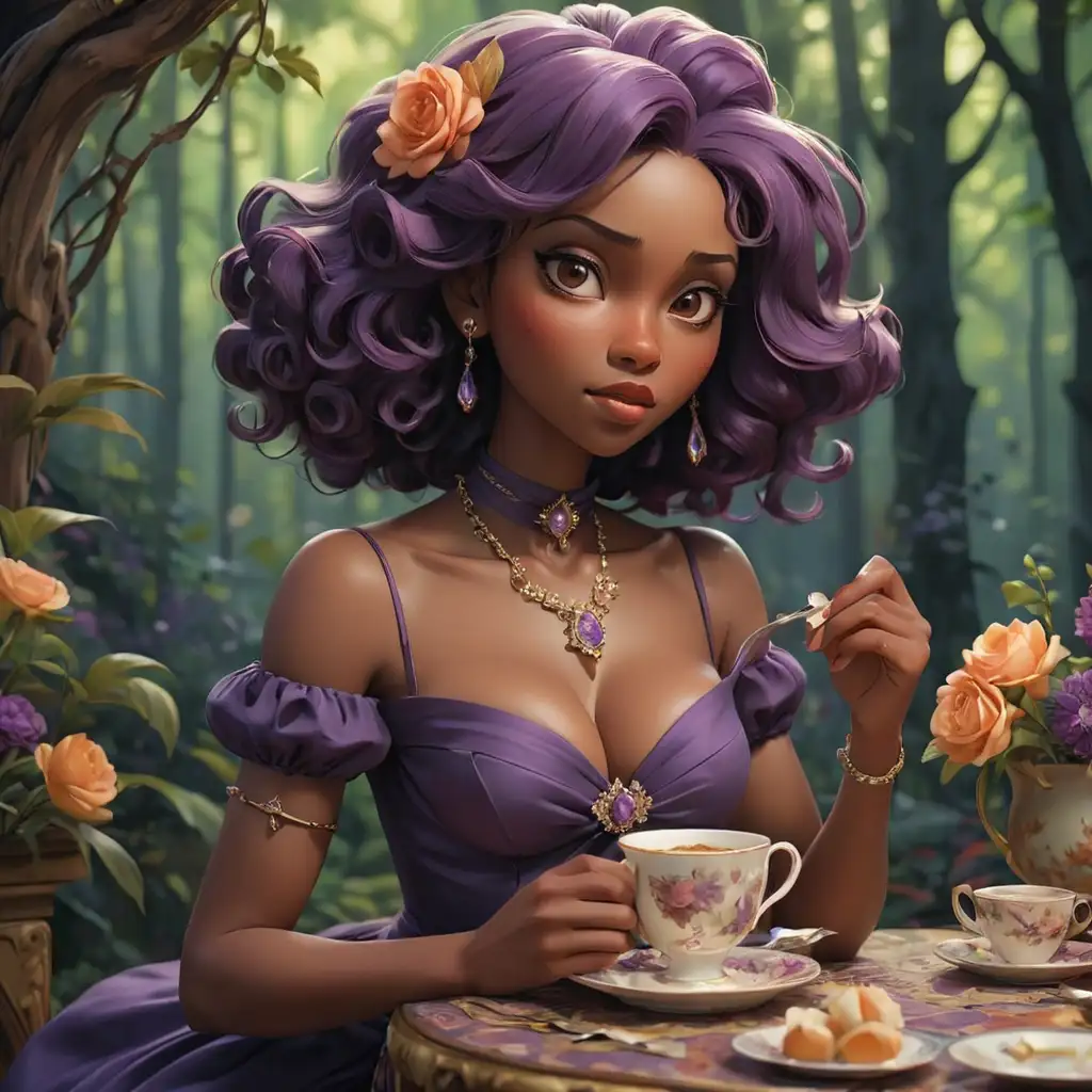 An intelligent Woman Wightmare ,In a regal setting, a skeletal being indulges in a moment of refined leisure, savoring a warm cup of tea at an exquisitely set table.
A majestic purple forest adorned with vibrant flowers and towering trees, creating a serene and enchanting ambiance.
mocha Skin Tone, Twisted Bob hairstyle 
Adventure Pulp, the woman's body parts such as chest, thigh, stomach, and abdomen are visible
CUBIC ZIRCONIA Jewelry,  Necklace, Rings and earrings.Black woman painterly smooth, extremely sharp detail, finely tuned, 8 k, ultra sharp focus, illustration, illustration, art by Ayami Kojima Beautiful Thick Sexy Black women 
