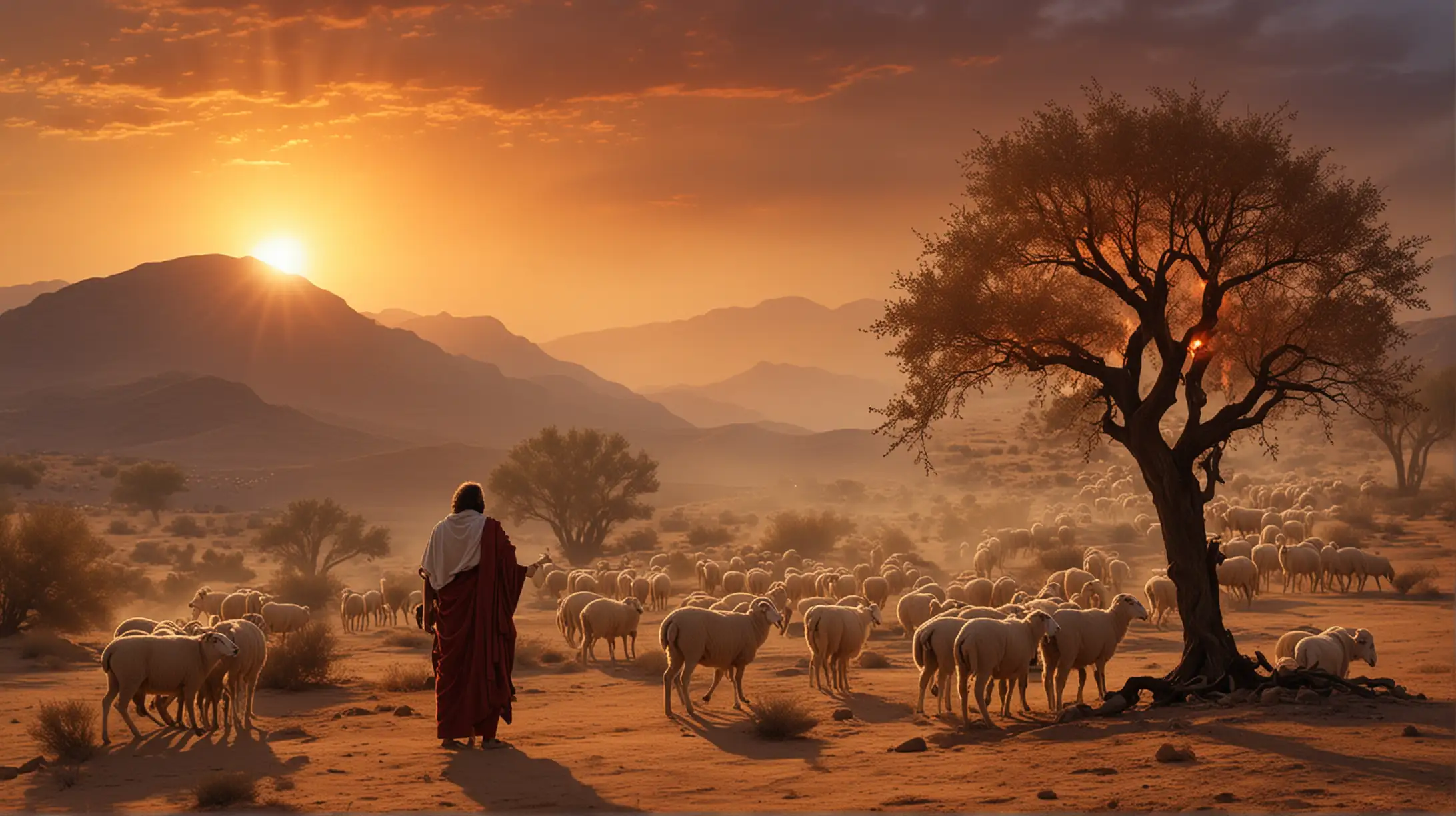 Moses Confronting the Burning Bush at Twilight in the Desert