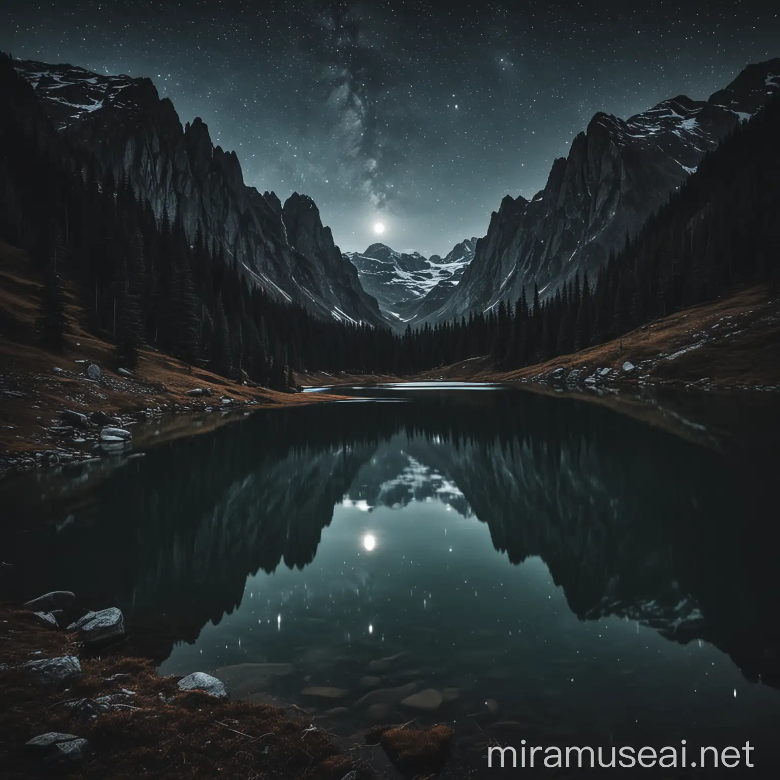 Serene Night Lake Surrounded by Majestic Mountains