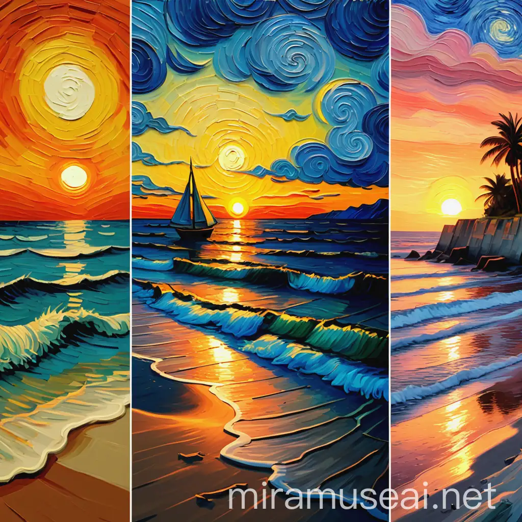 Van Gogh Style Beach Sunset Painting with Detailed Brushstrokes