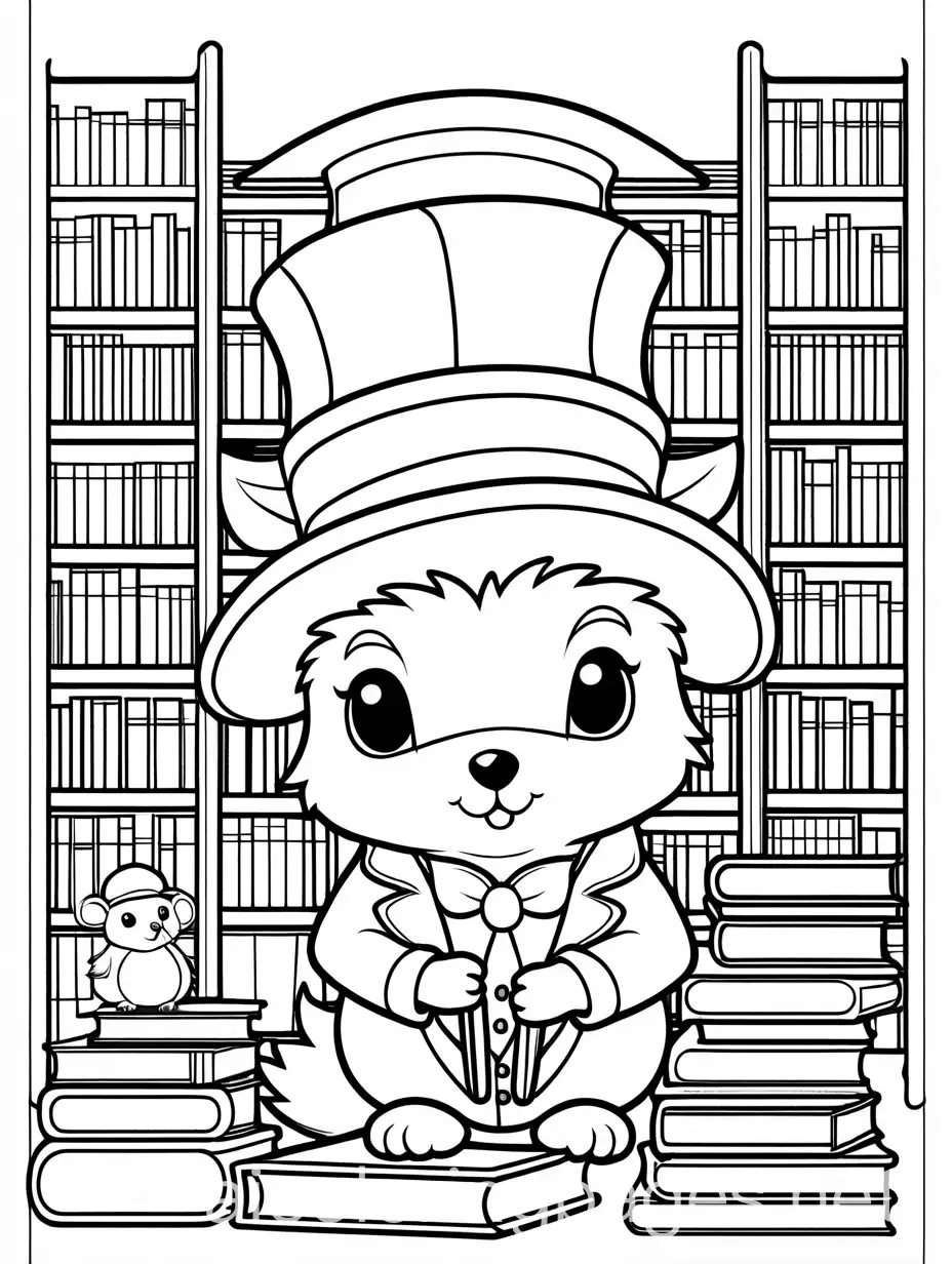 Children's colouring page, adorable, chibi hedgehog detective dressed like Sherlock Holmes, large eyes and wearing a deerstalker cap. The hedgehog is sitting in a library with his adorable detective mouse assistant surrounded by a tall stack of books. Black and white, line art, white background, simplicity, ample white space. The outline of the subjects are easy to distinguish making it easy for a child to colour in., Coloring Page, black and white, line art, white background, Simplicity, Ample White Space. The background of the coloring page is plain white to make it easy for young children to color within the lines. The outlines of all the subjects are easy to distinguish, making it simple for kids to color without too much difficulty